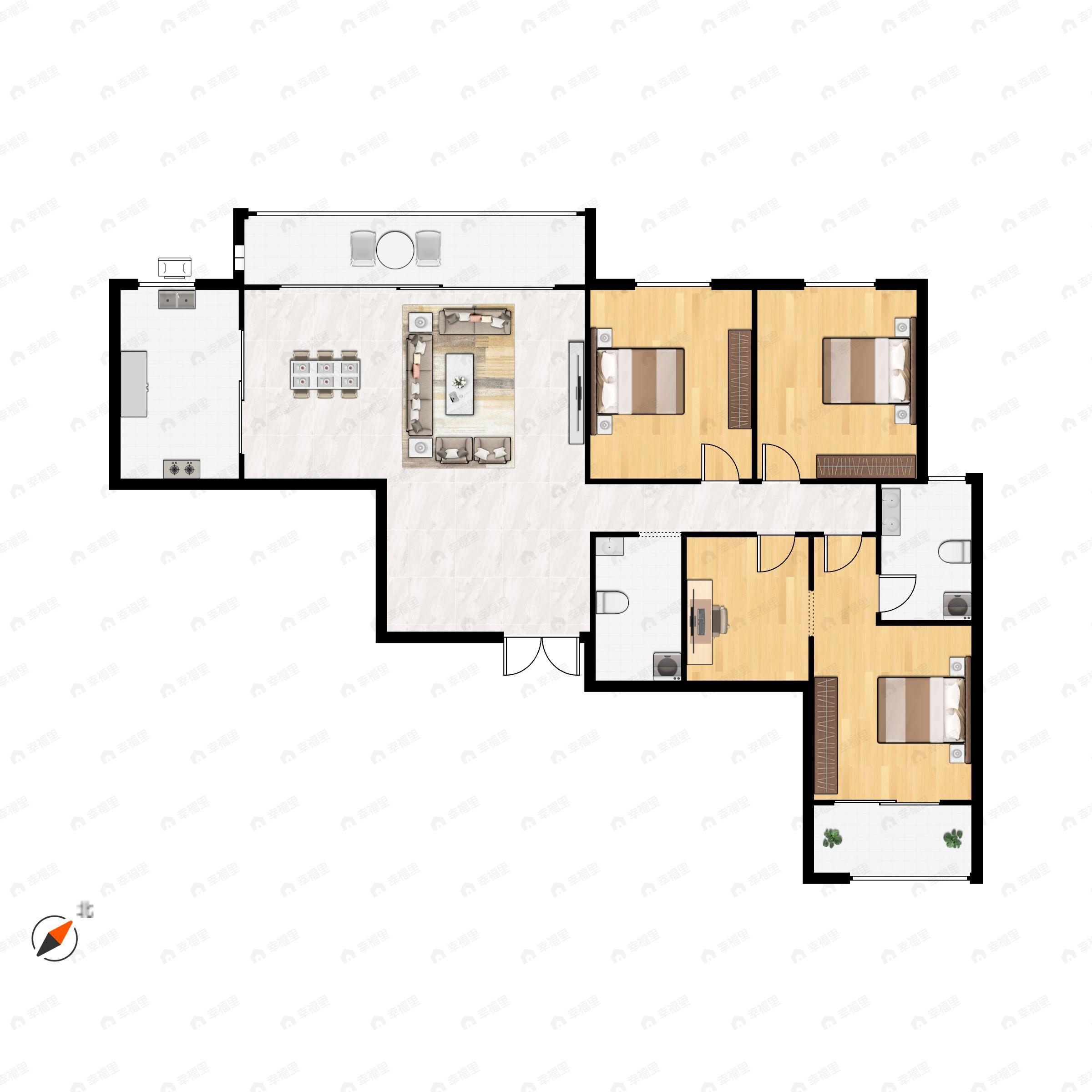 3室2厅2卫建面143m²南户型图