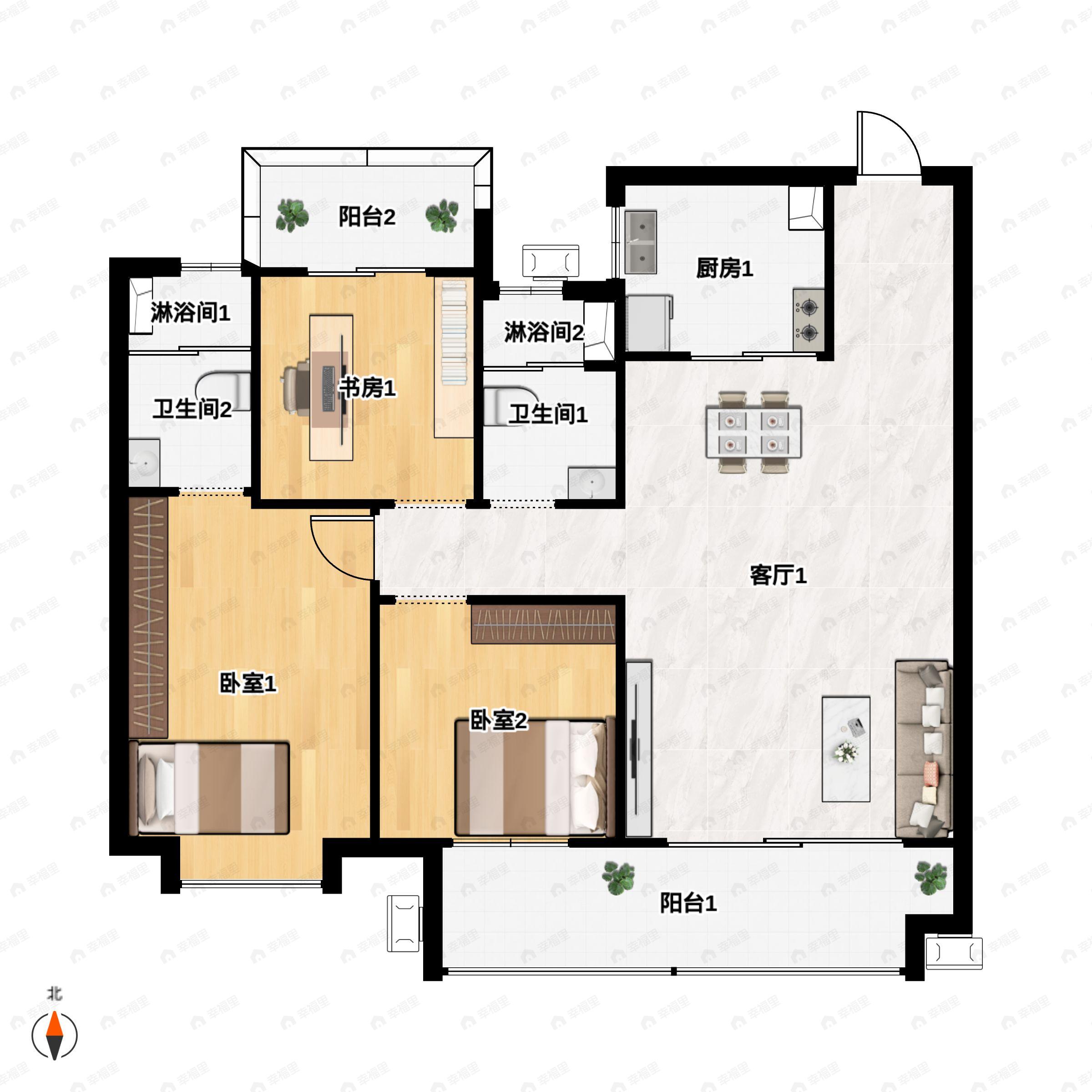 3室2厅2卫建面116m²户型图