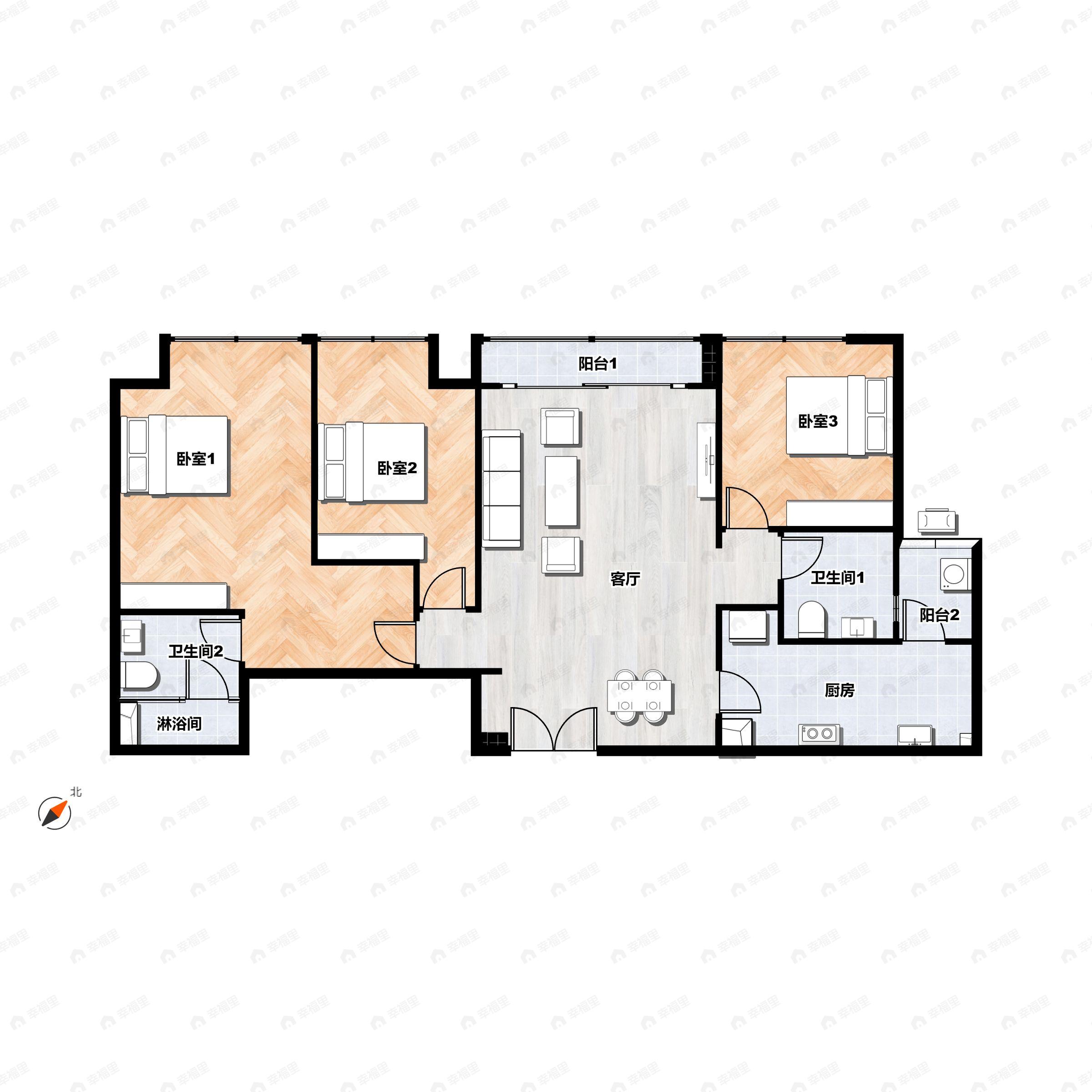 3室2厅2卫建面115m²北户型图