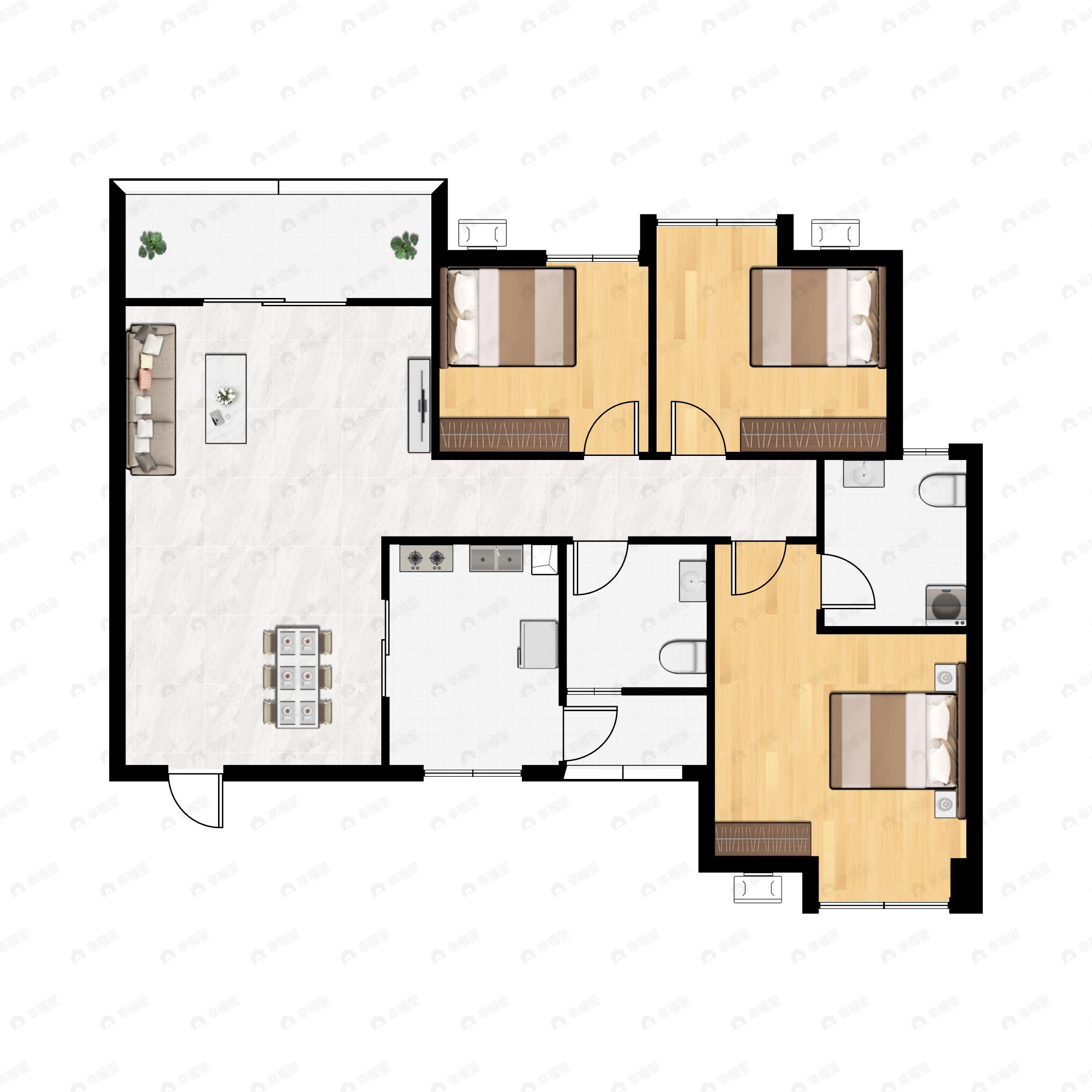 3室2厅2卫建面105平南户型图