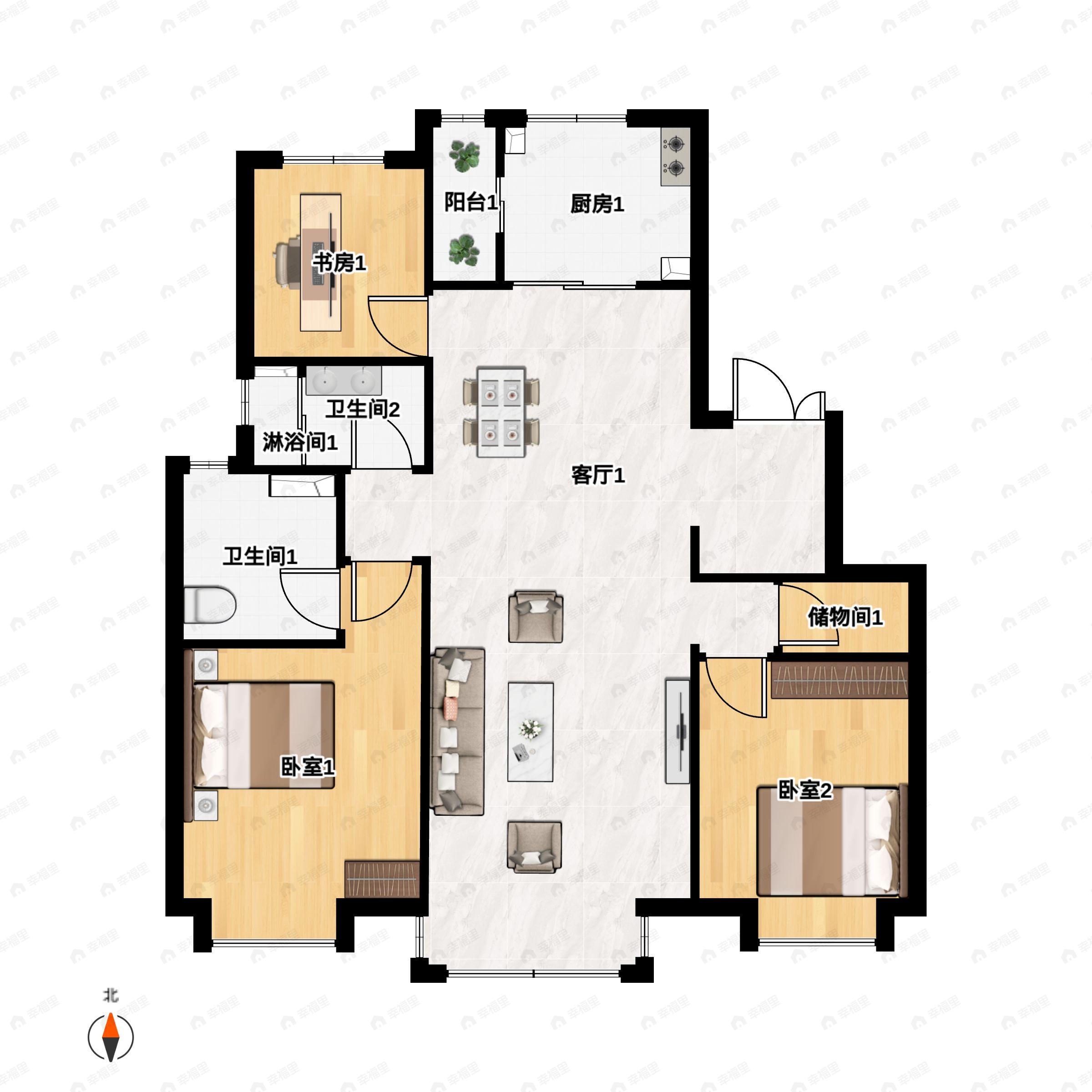 3室2厅2卫建面129平北|南户型图