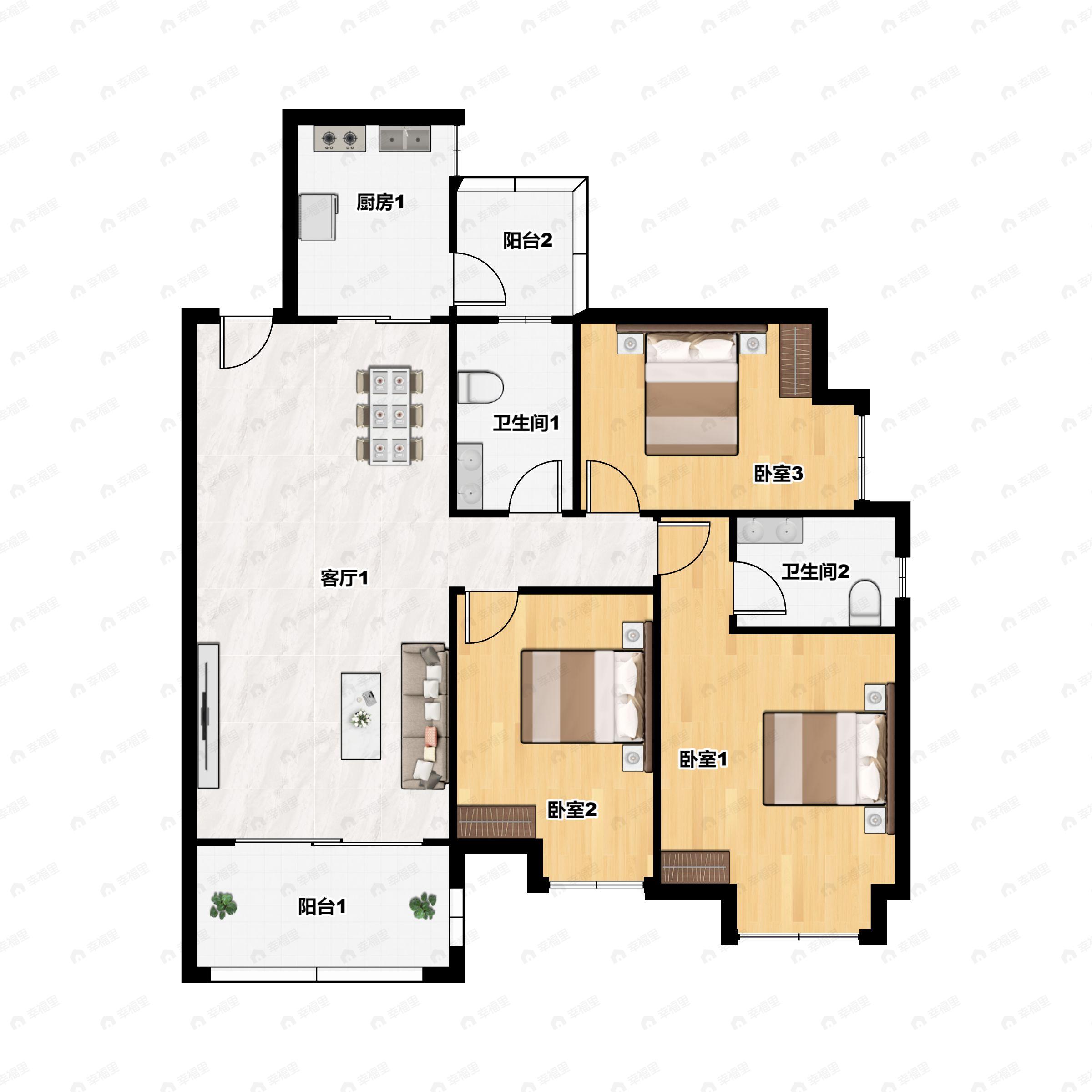 3室2厅2卫建面117m²南户型图