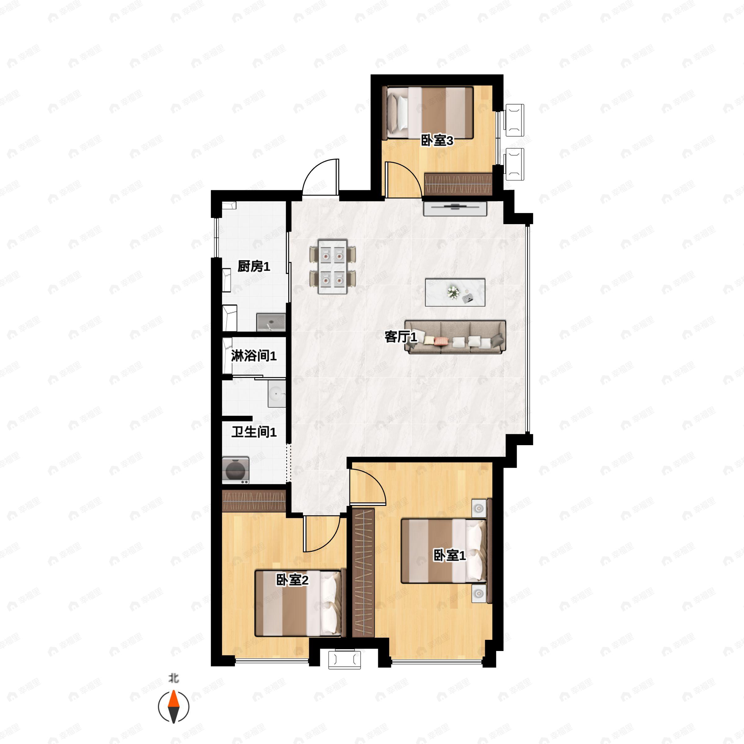 3室2厅1卫建面100平户型图