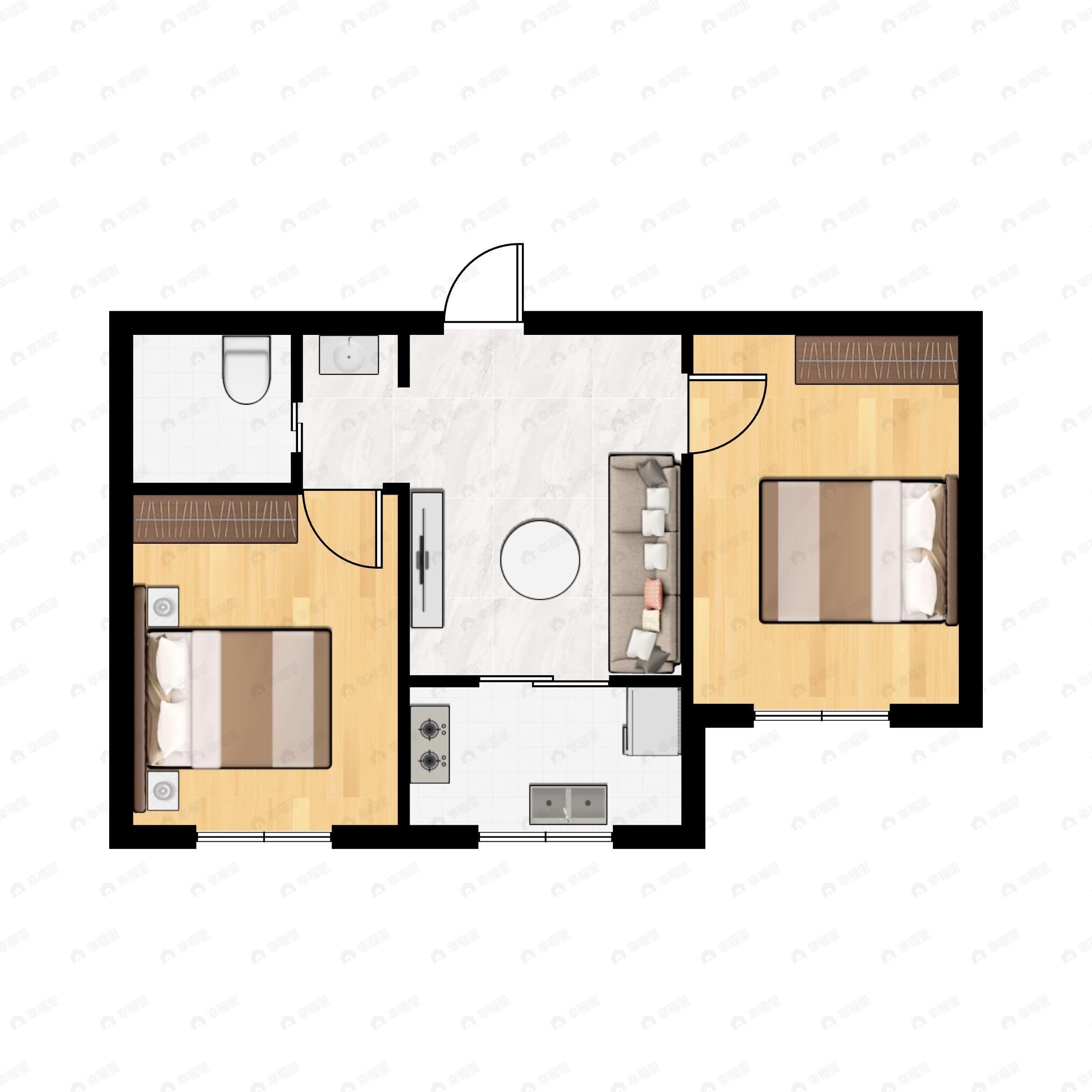 2室1厅1卫建面54m²南|北户型图