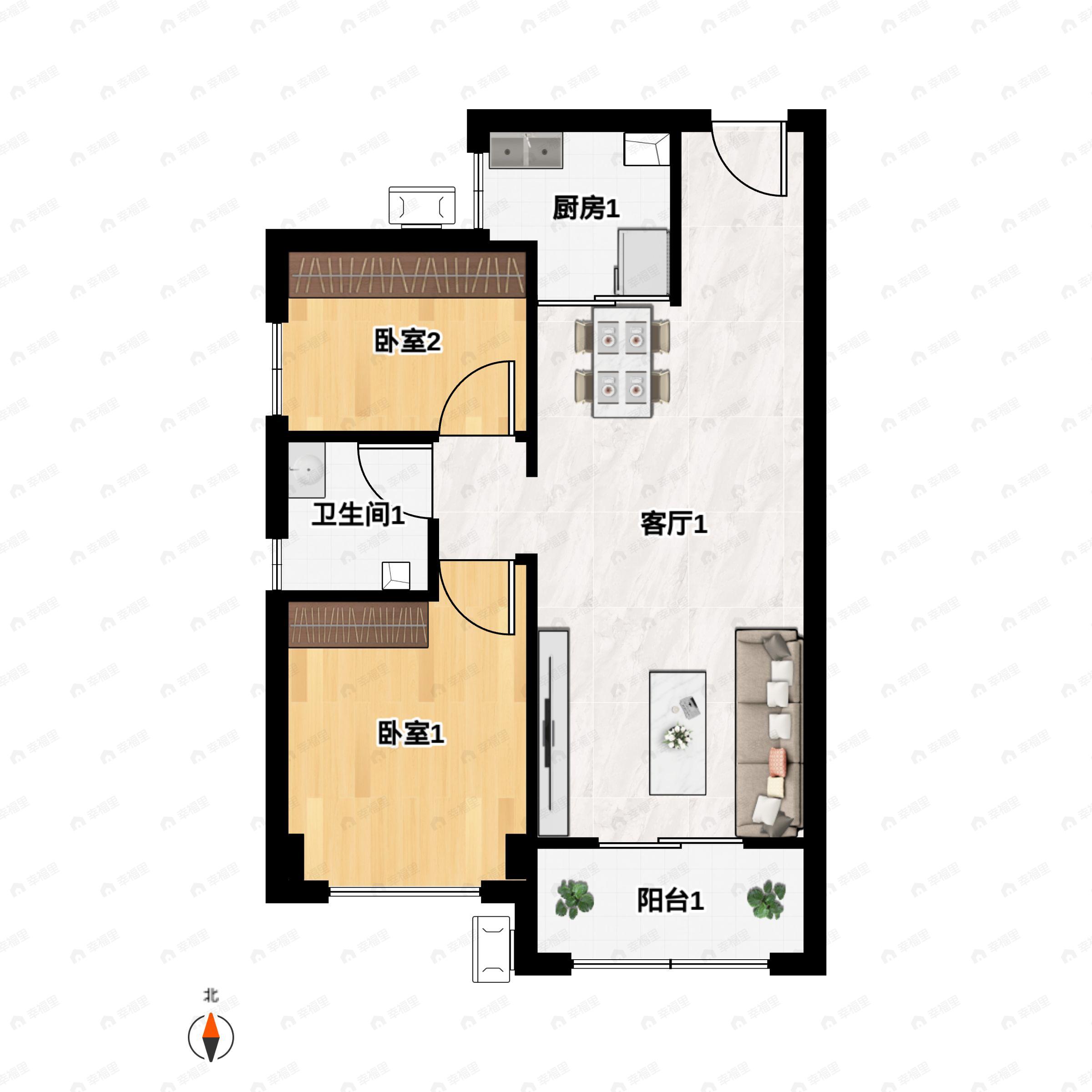 2室2厅1卫建面68平户型图