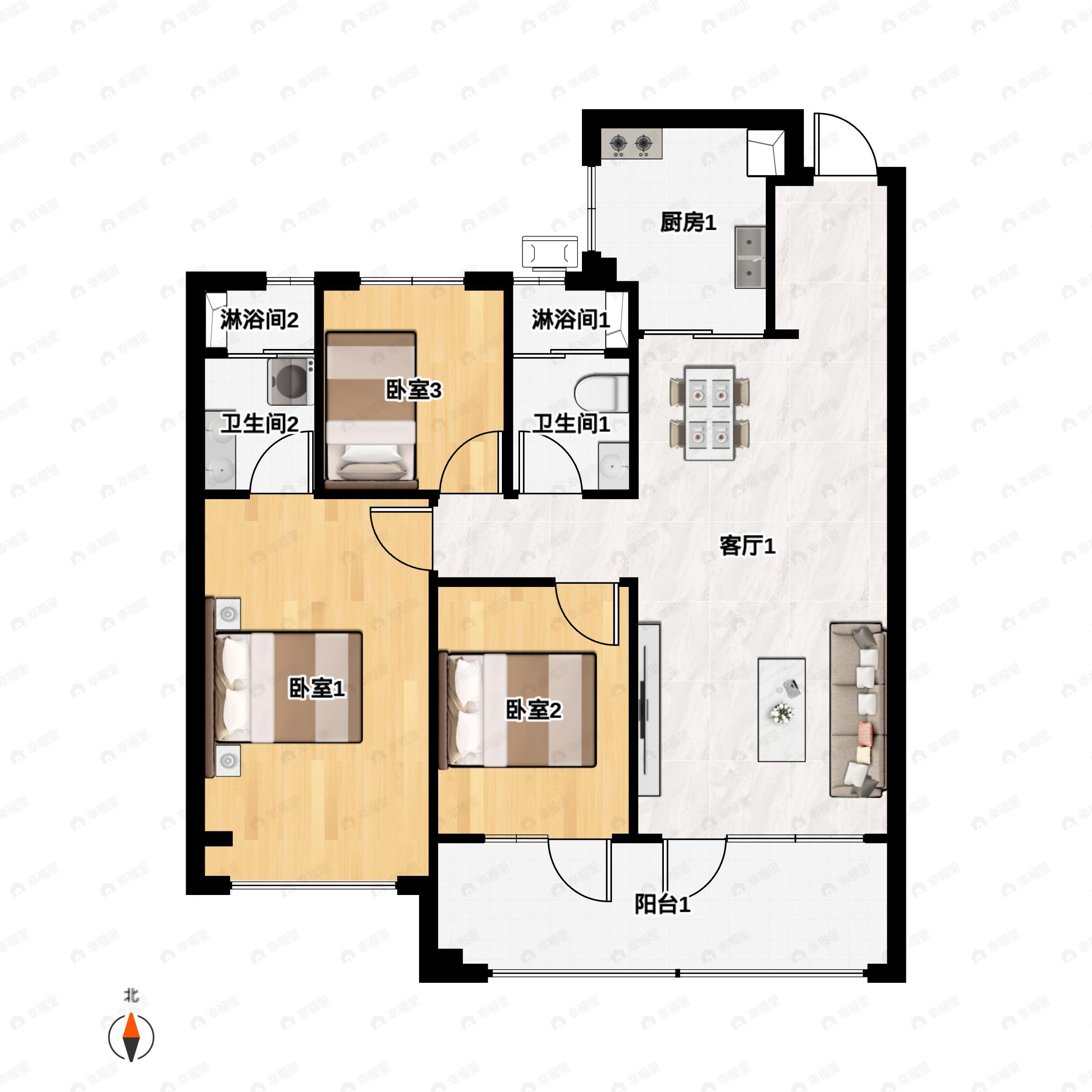 3室2厅1卫建面114平户型图