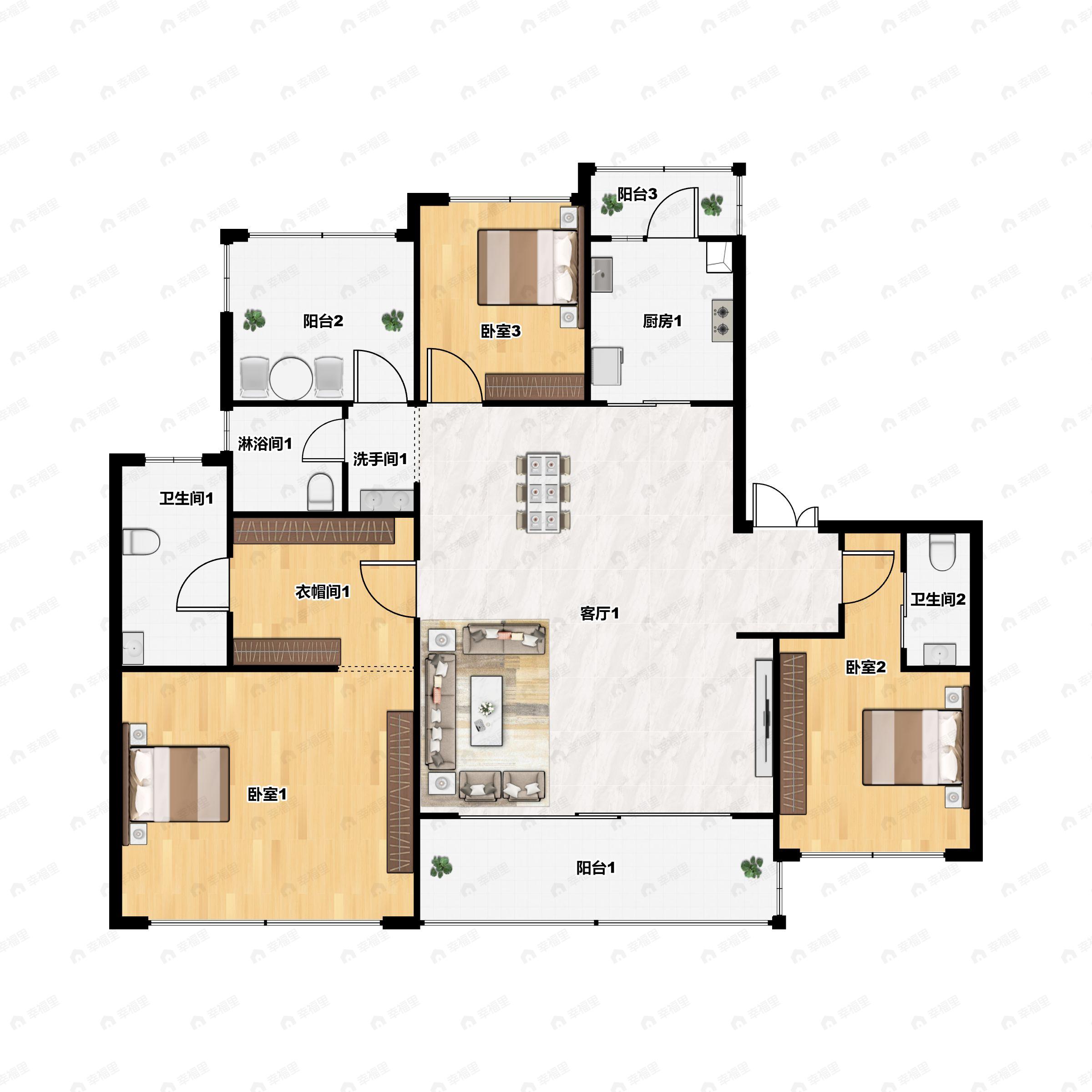 3室2厅2卫建面142平南户型图