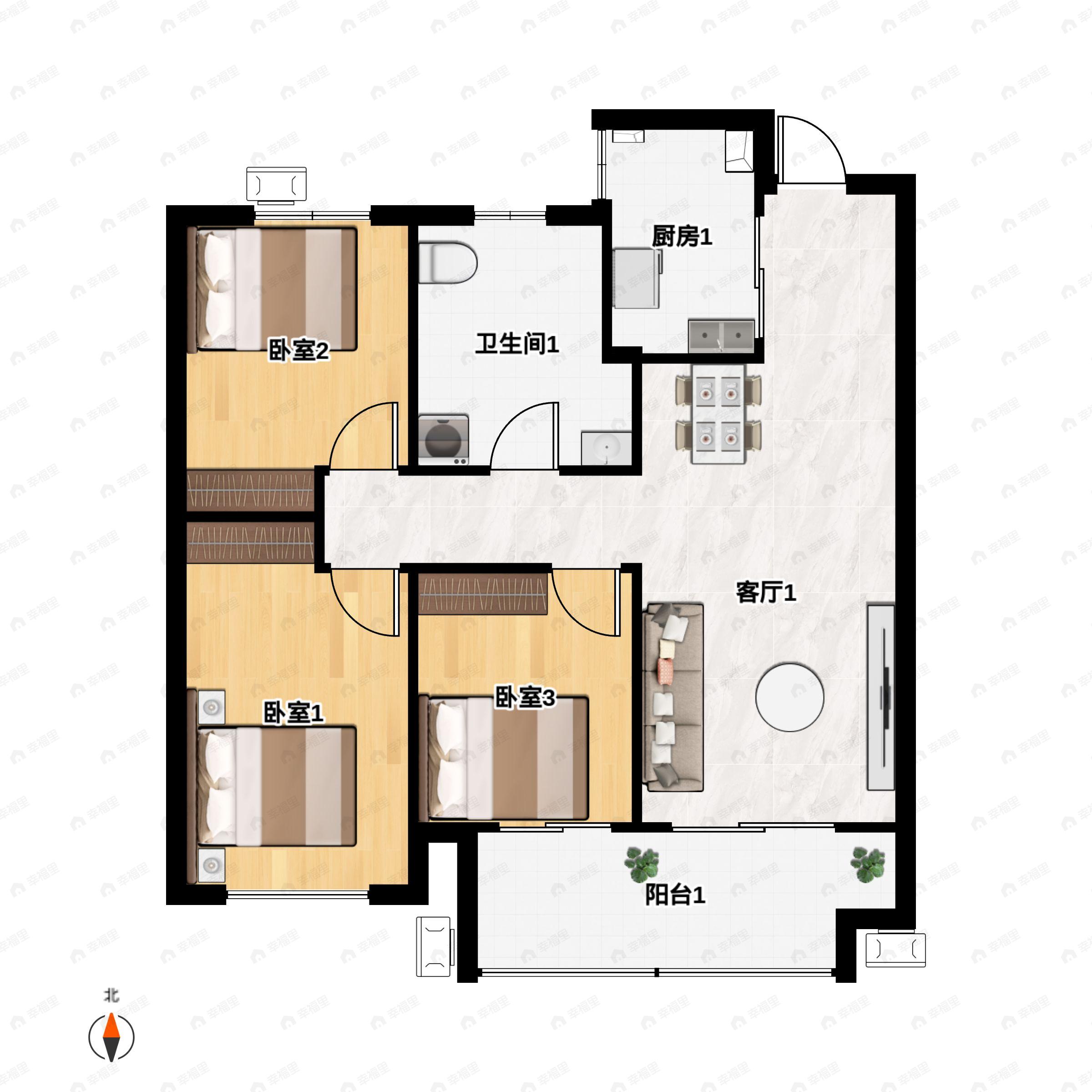 3室2厅1卫建面100平户型图