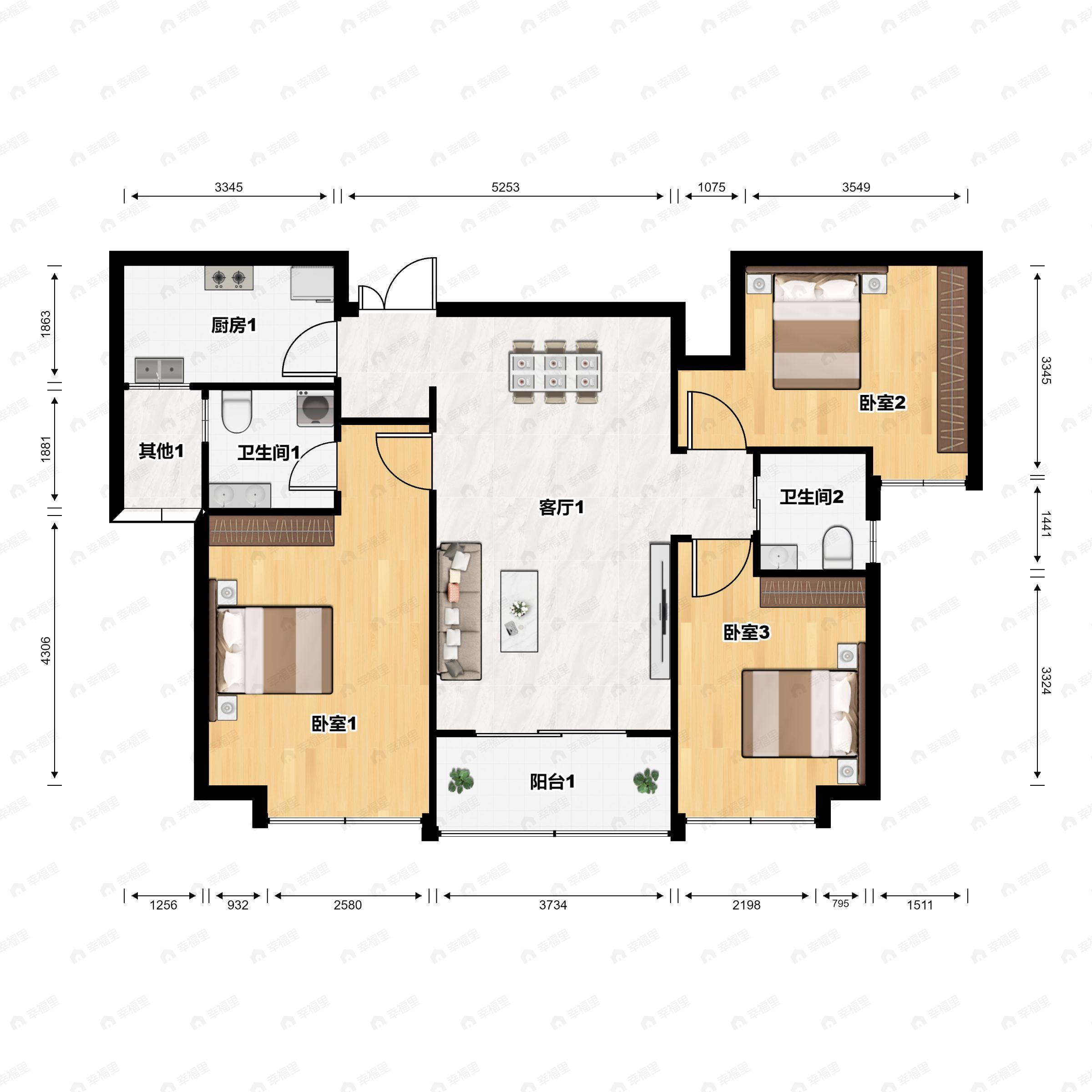 3室2厅2卫建面111平户型图