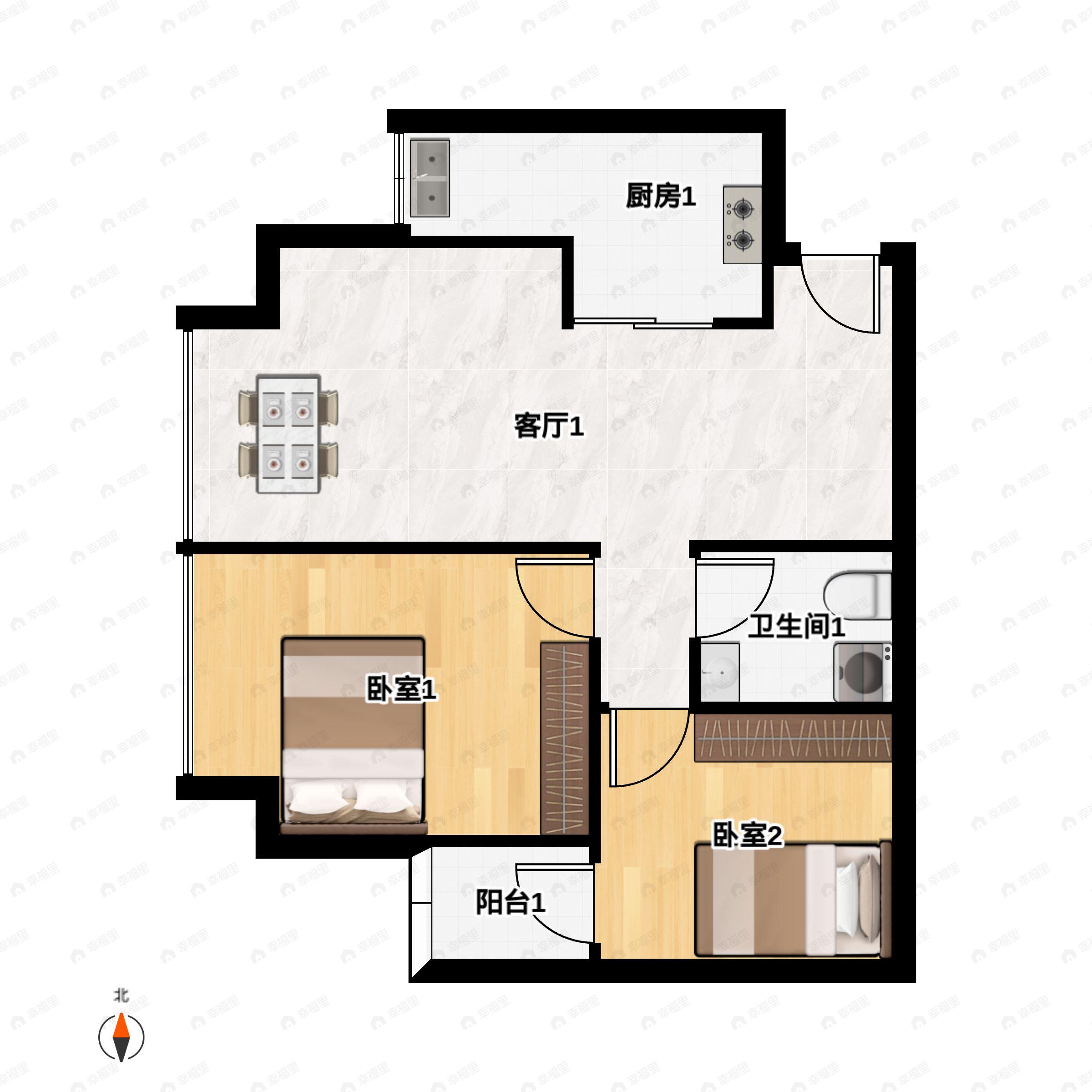 2室1厅1卫建面74平户型图