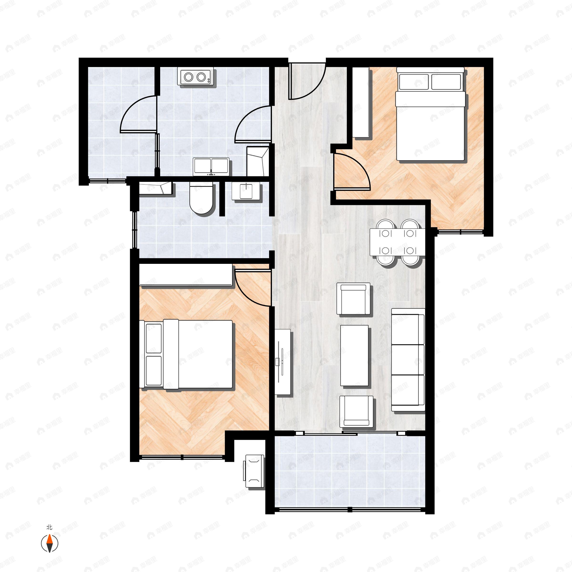 2室2厅1卫建面73m²南户型图