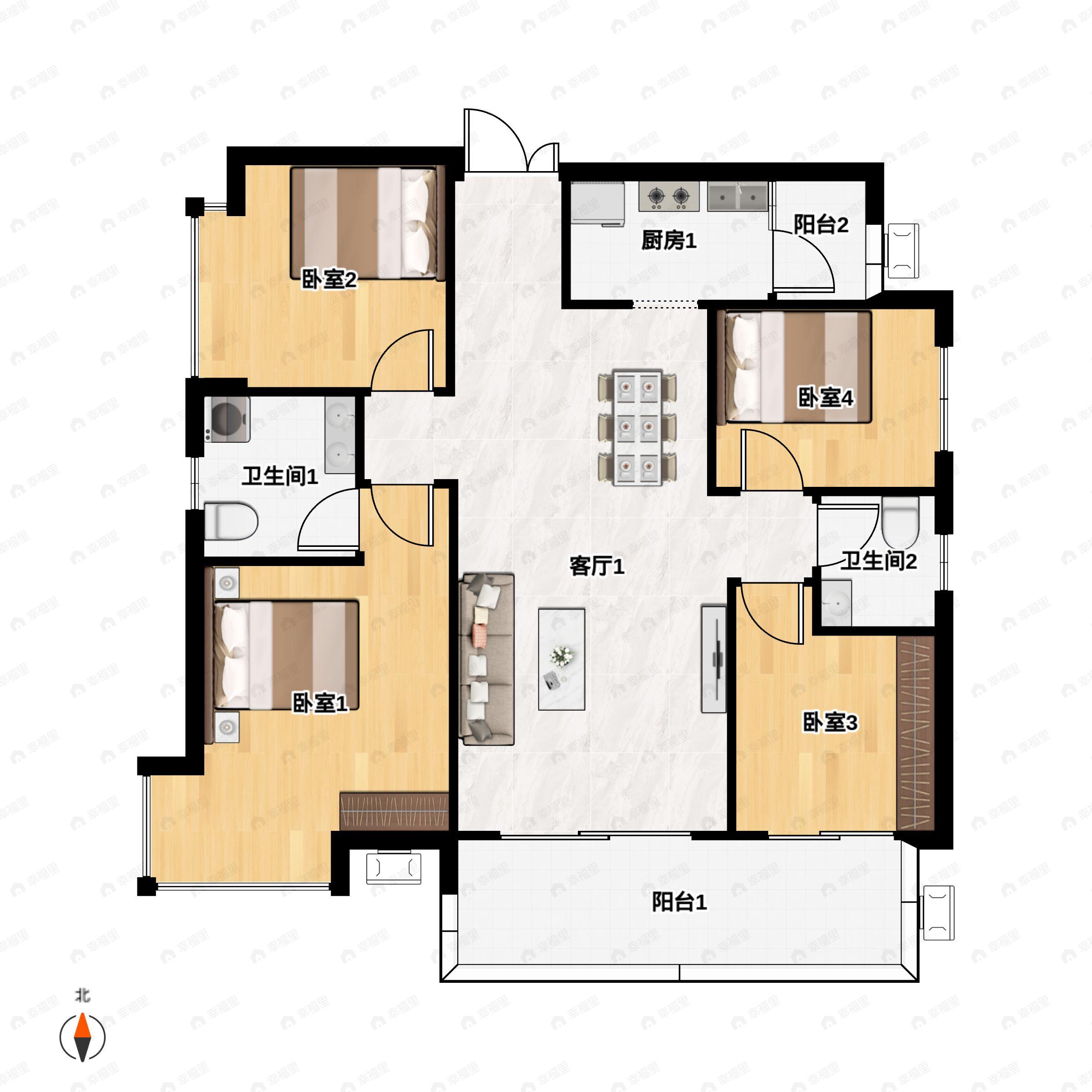 4室2厅2卫建面129平南|北户型图
