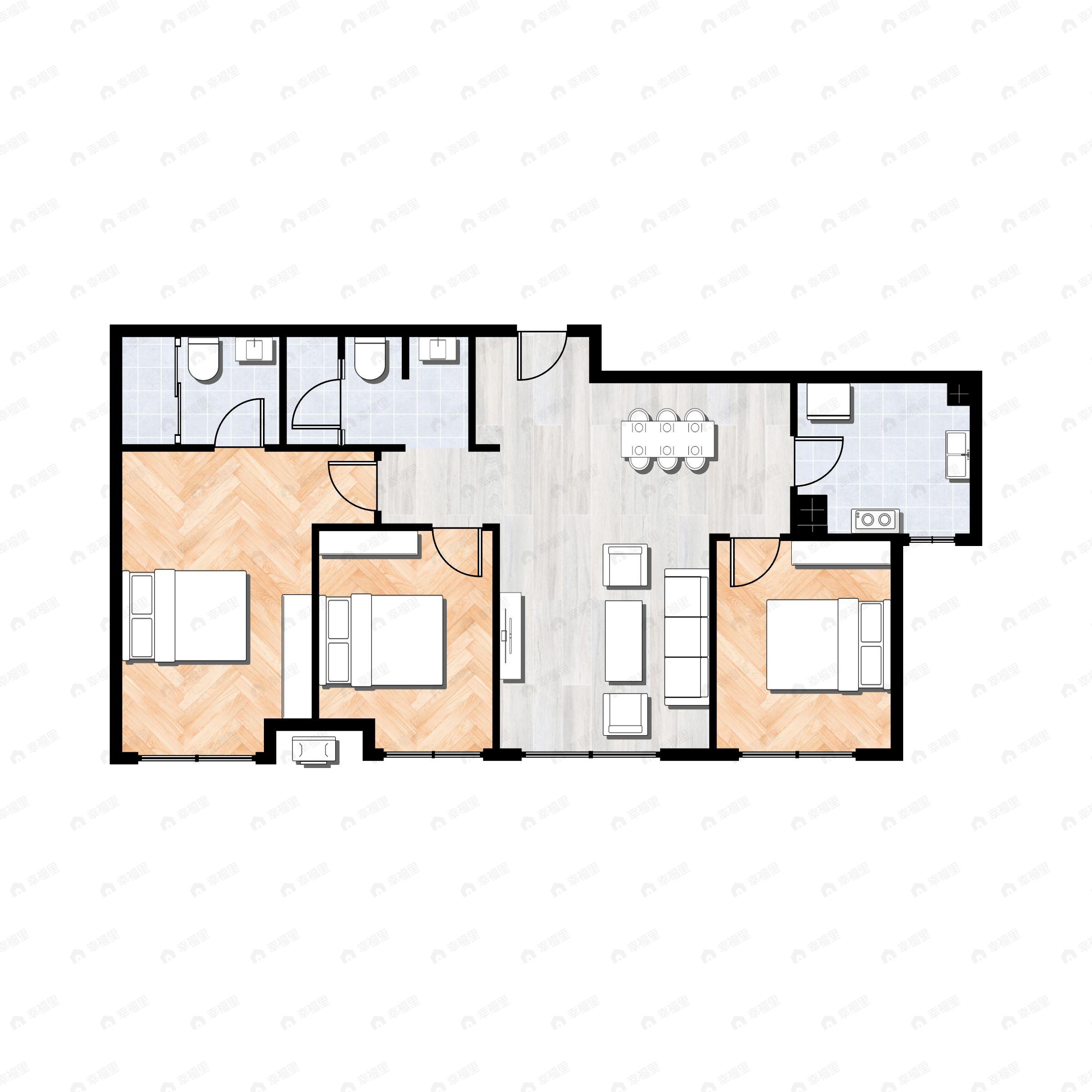 3室2厅2卫建面96m²南户型图