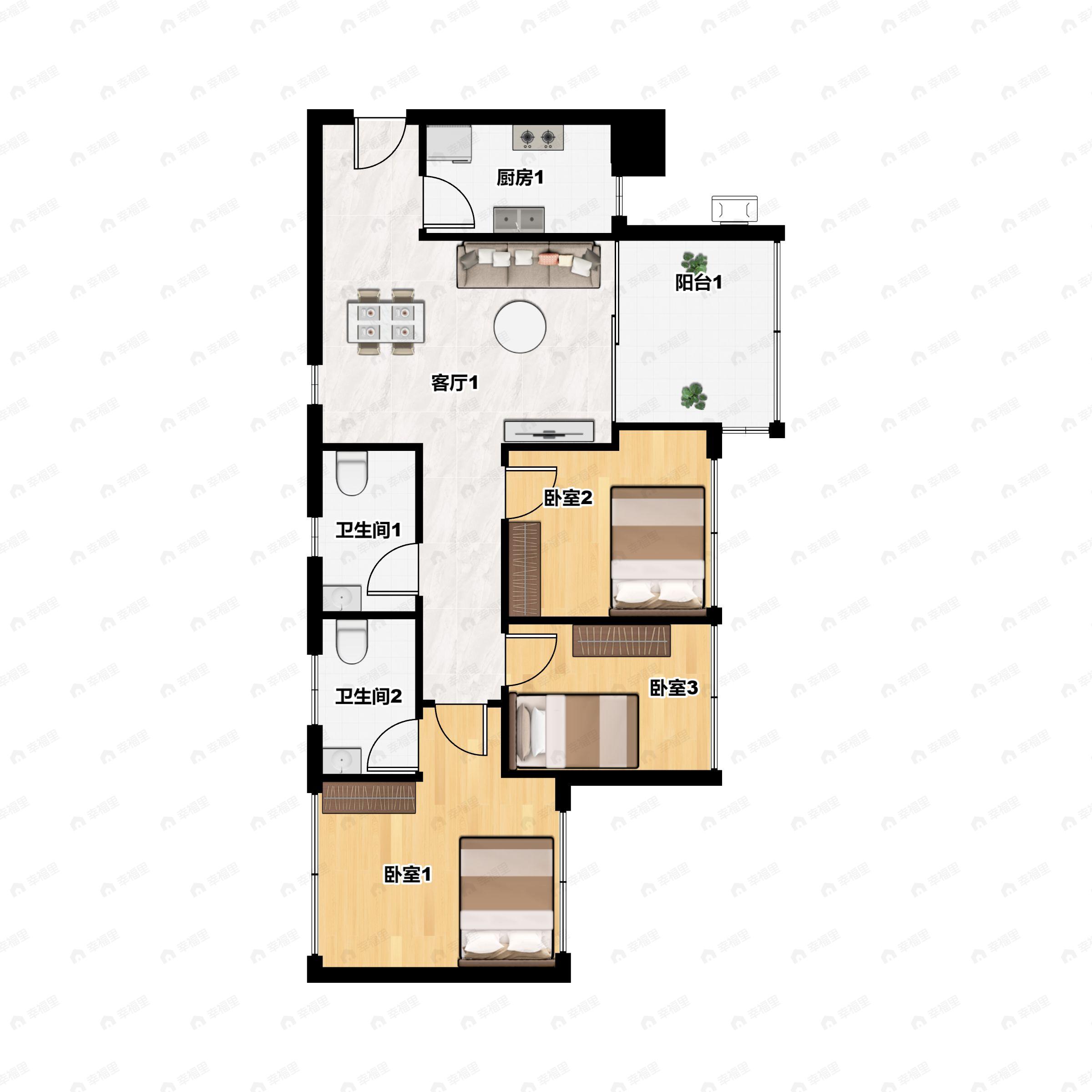3室2厅2卫建面82平户型图