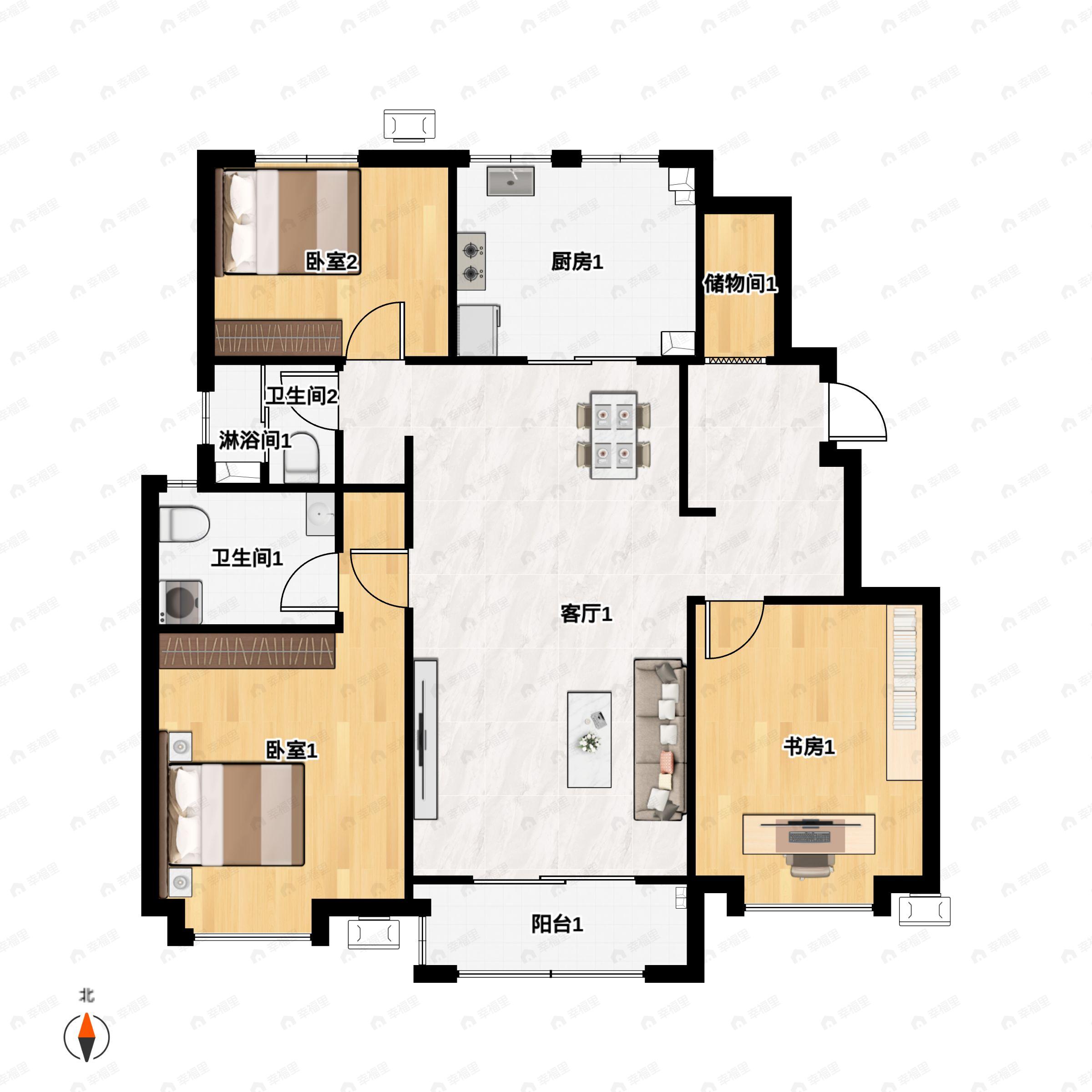 3室2厅2卫建面120平北|南户型图