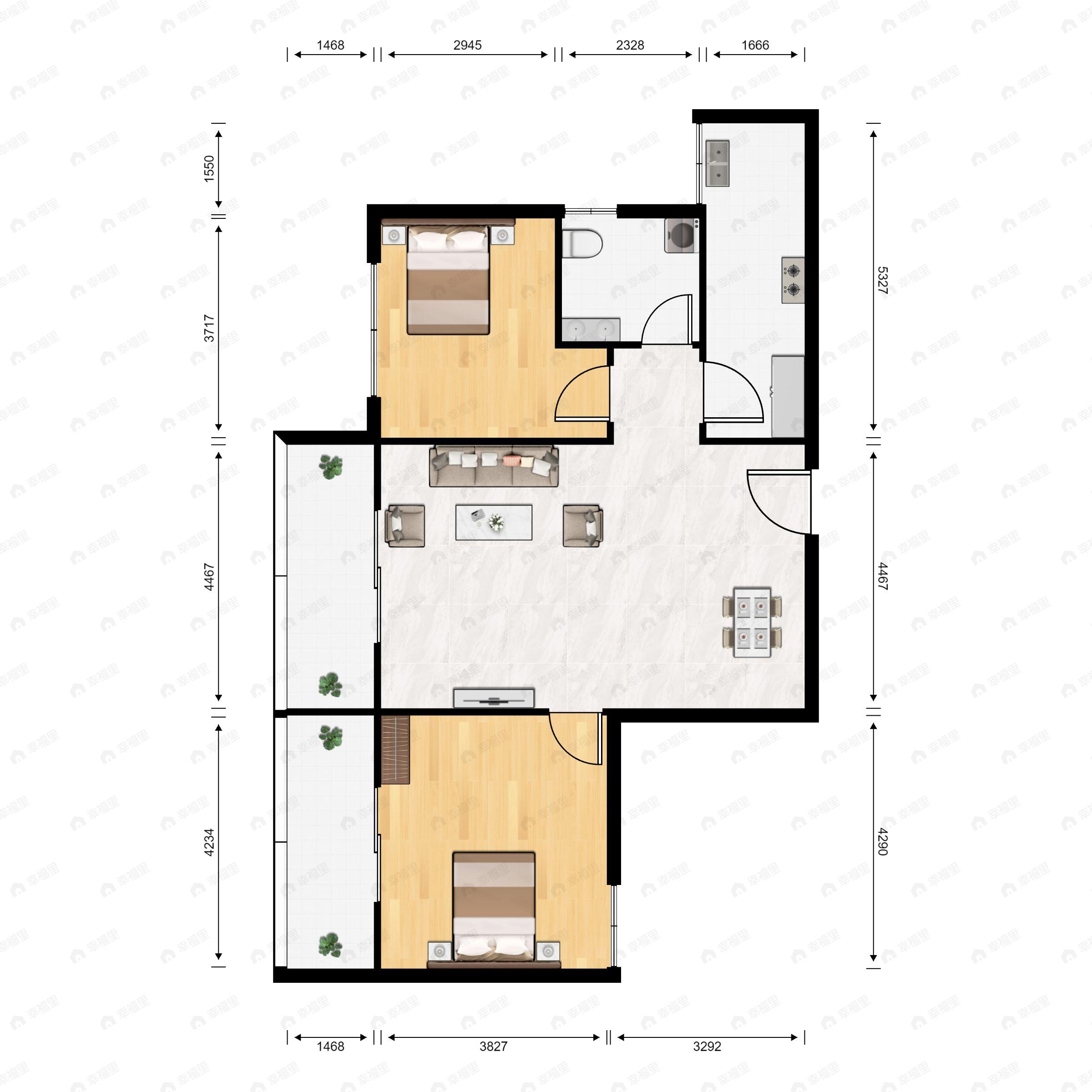 2室2厅1卫建面83平南户型图