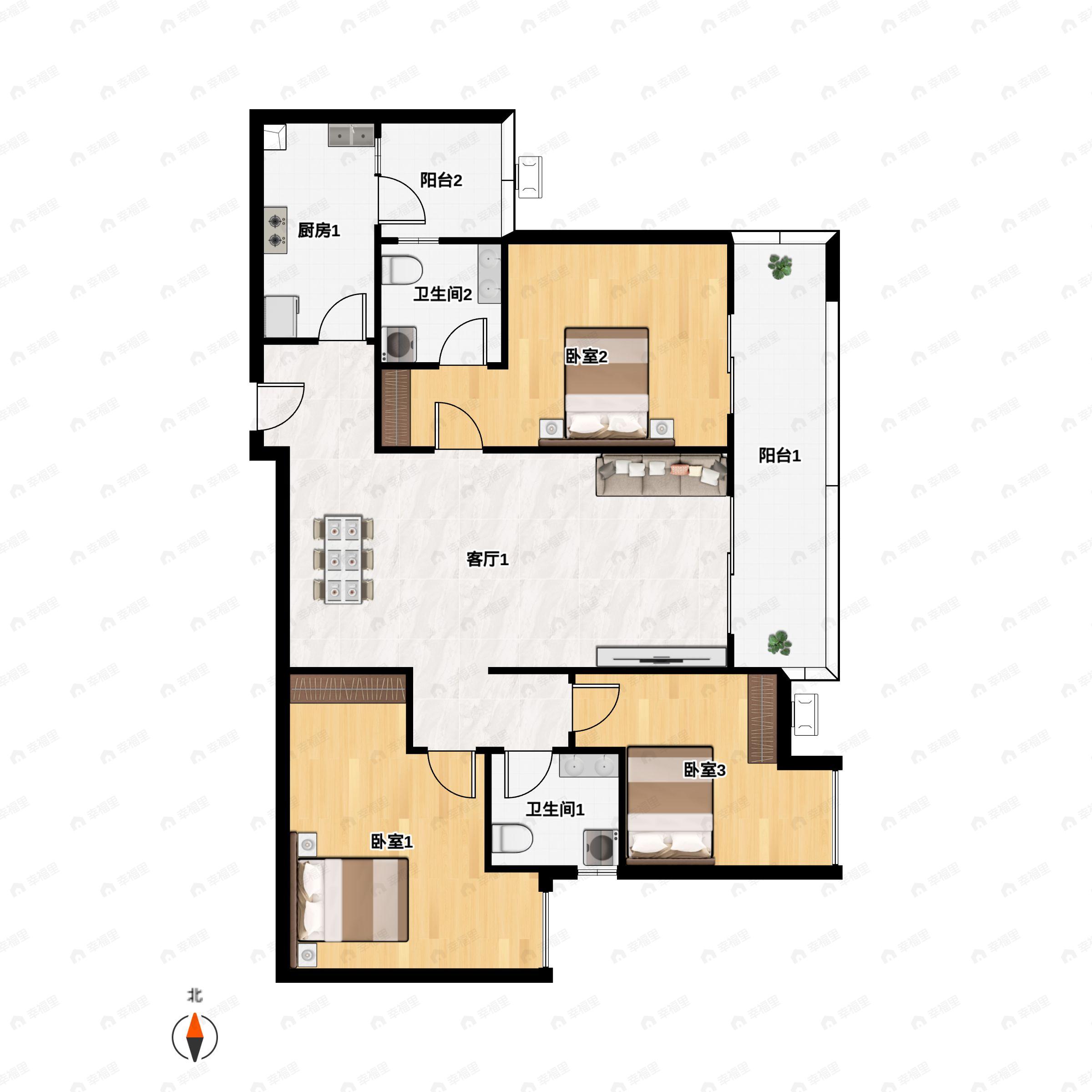 3室2厅2卫建面100m²北户型图
