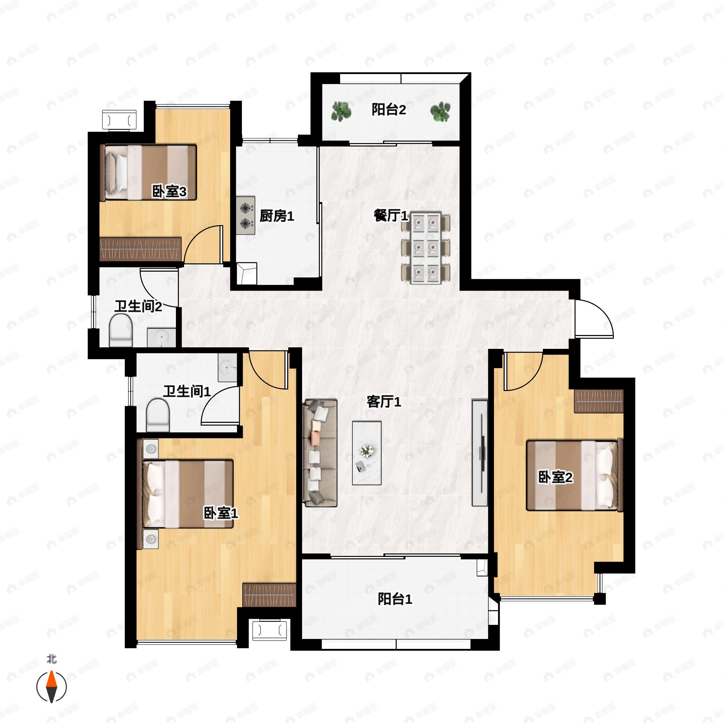 3室2厅2卫建面120平户型图