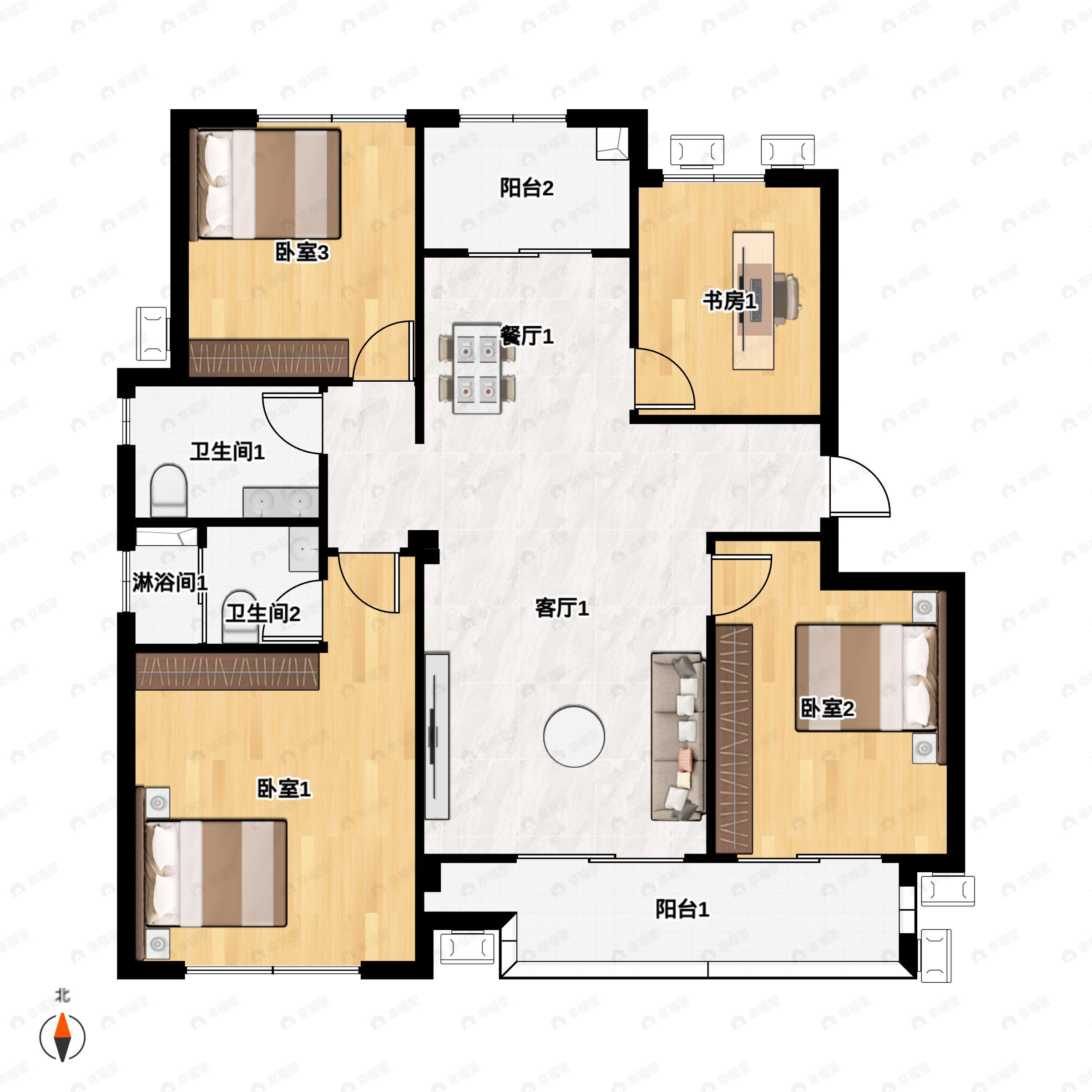 4室2厅2卫建面128平南户型图