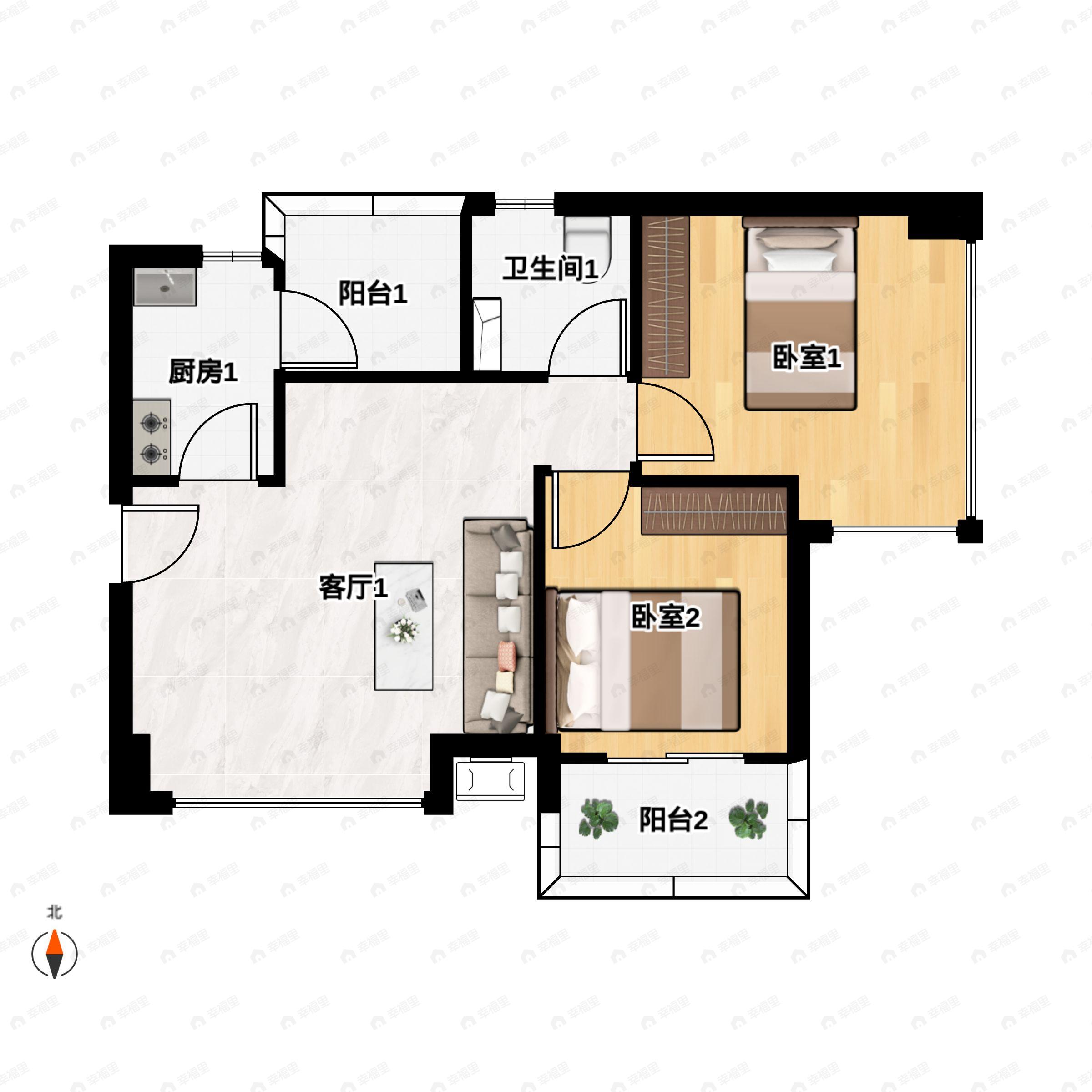 2室2厅1卫建面75平东南户型图