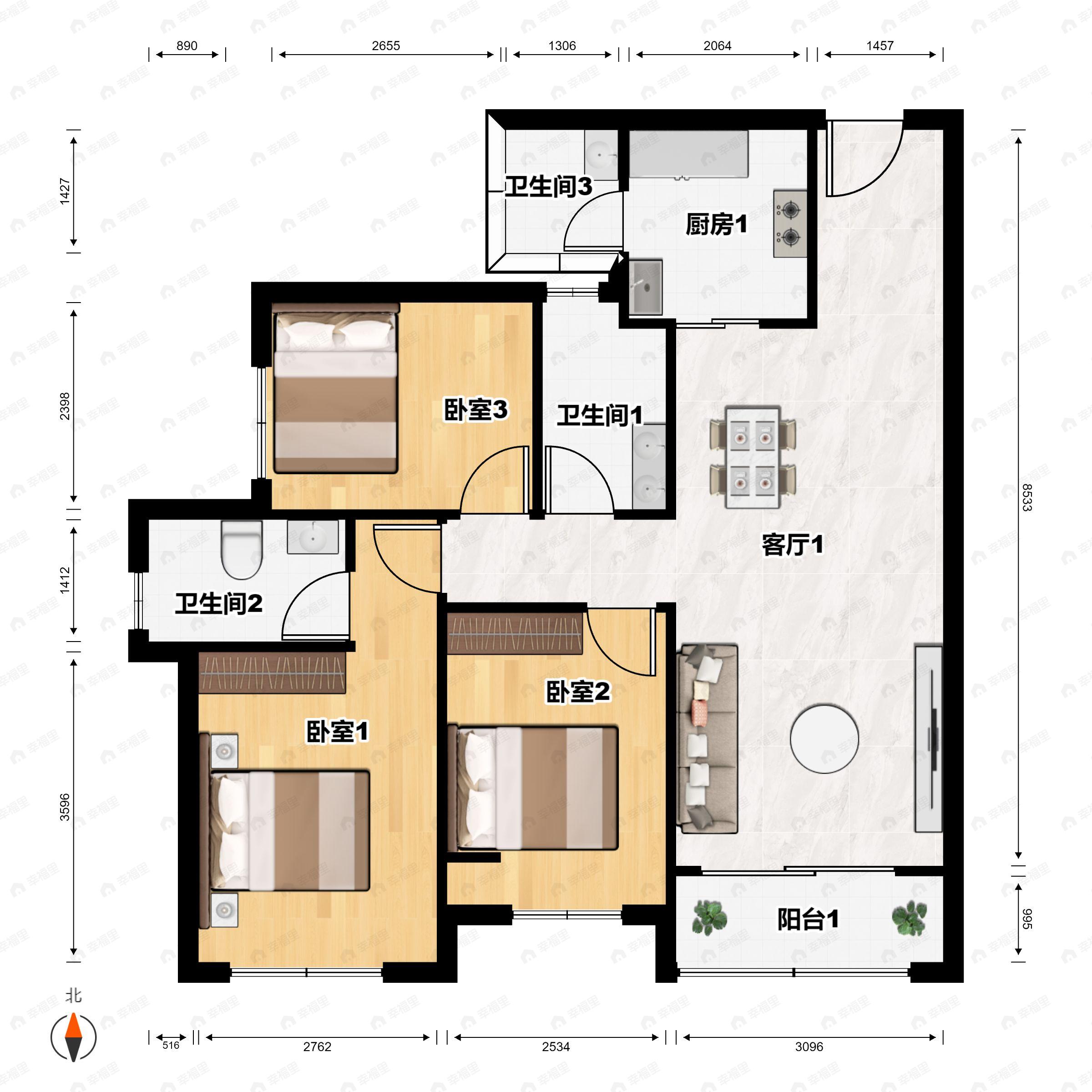 3室2厅2卫建面108平户型图