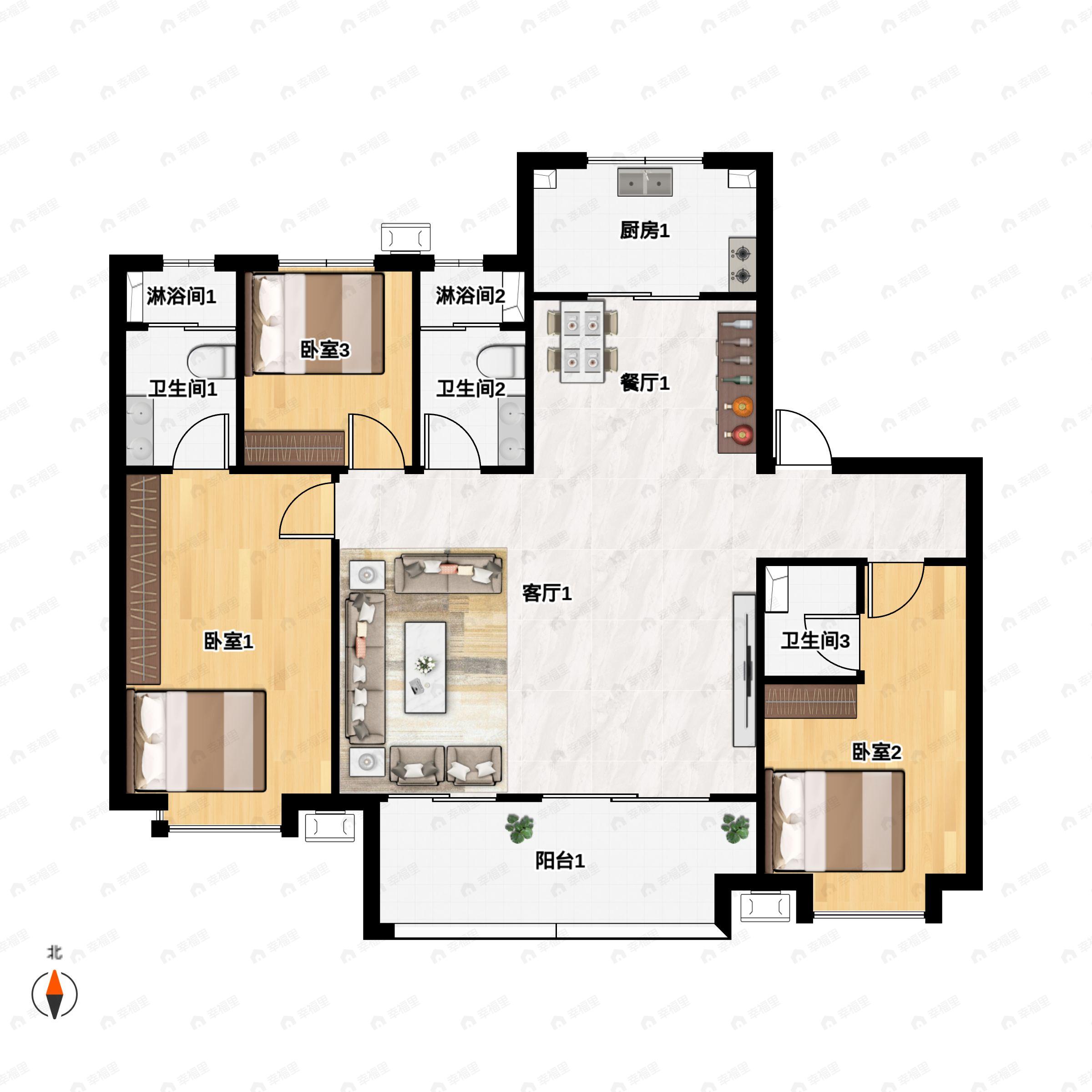 3室2厅3卫建面155平北|南户型图
