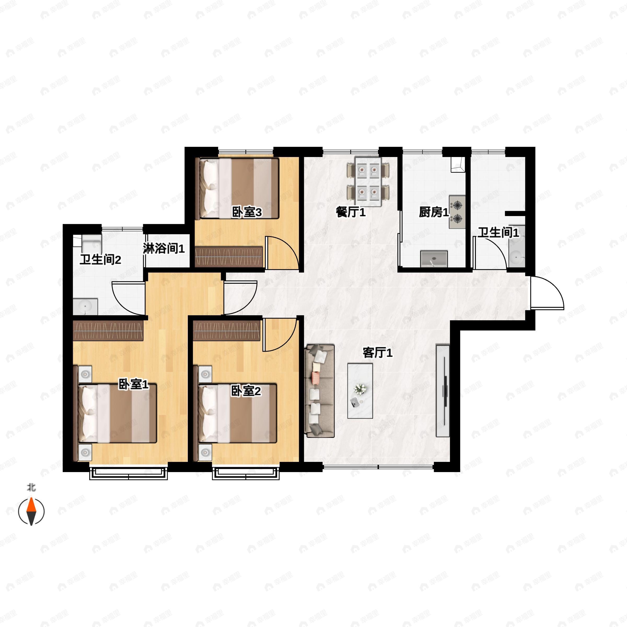 3室2厅2卫建面124平南|北户型图