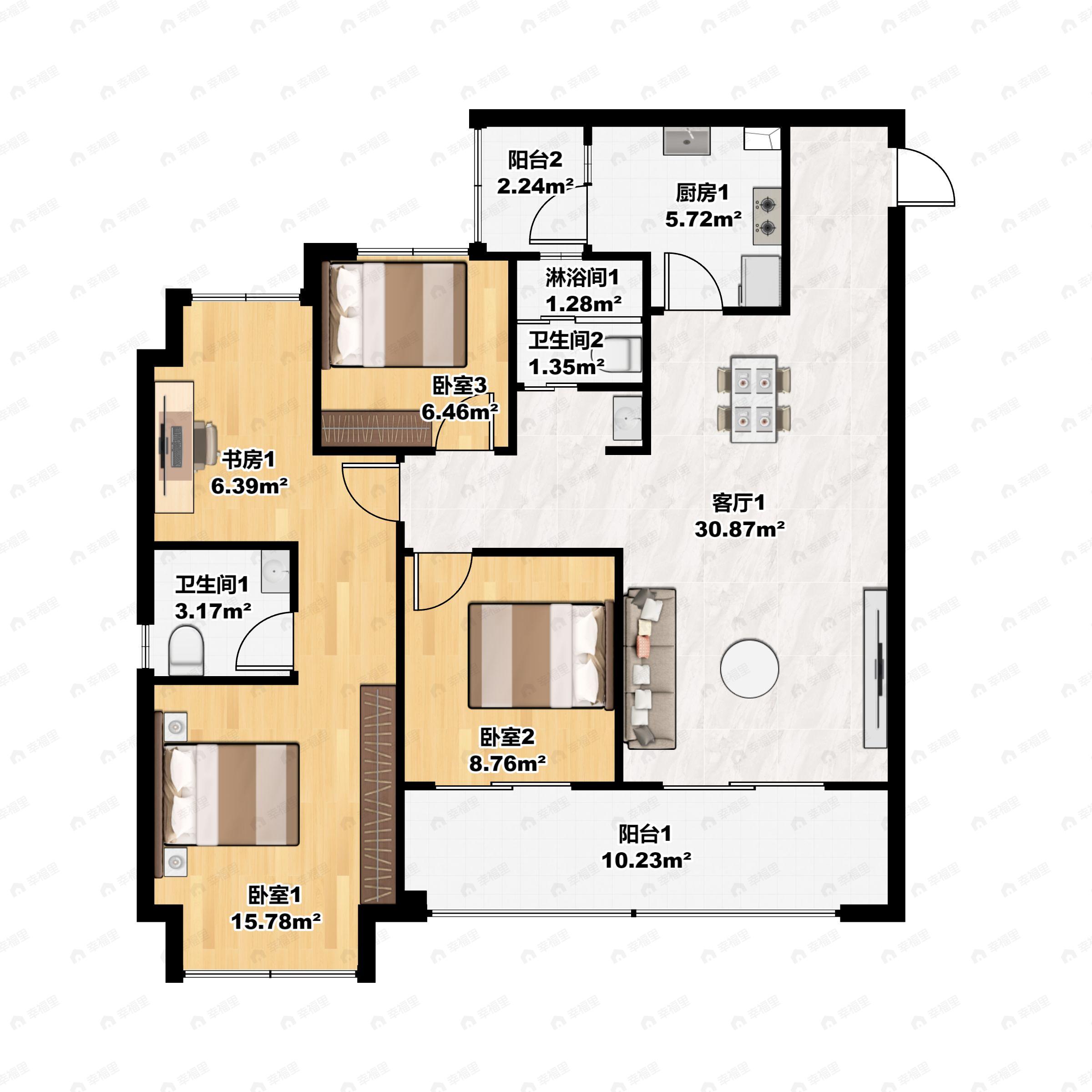 3室2厅2卫建面108平西户型图