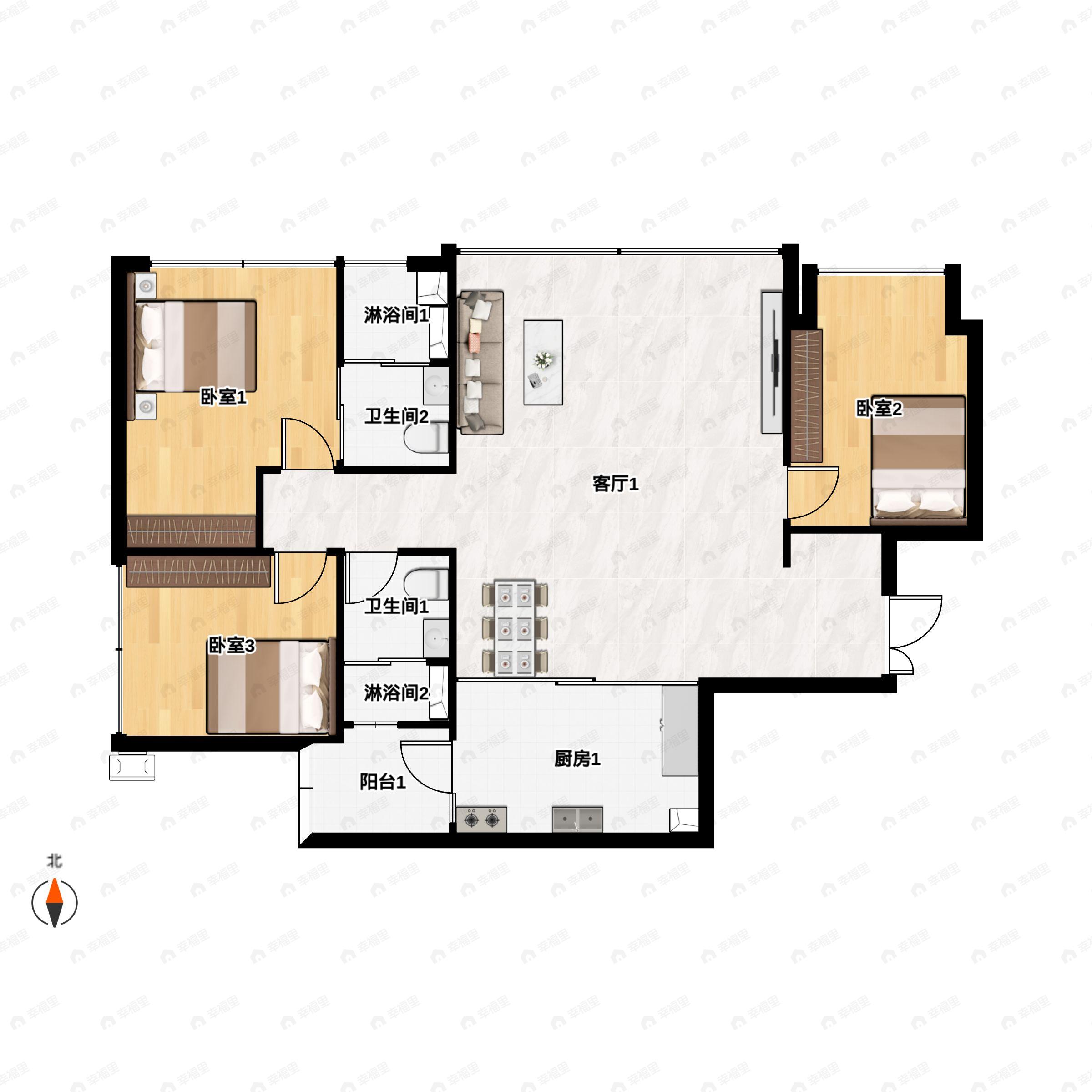 3室2厅2卫建面117m²南户型图