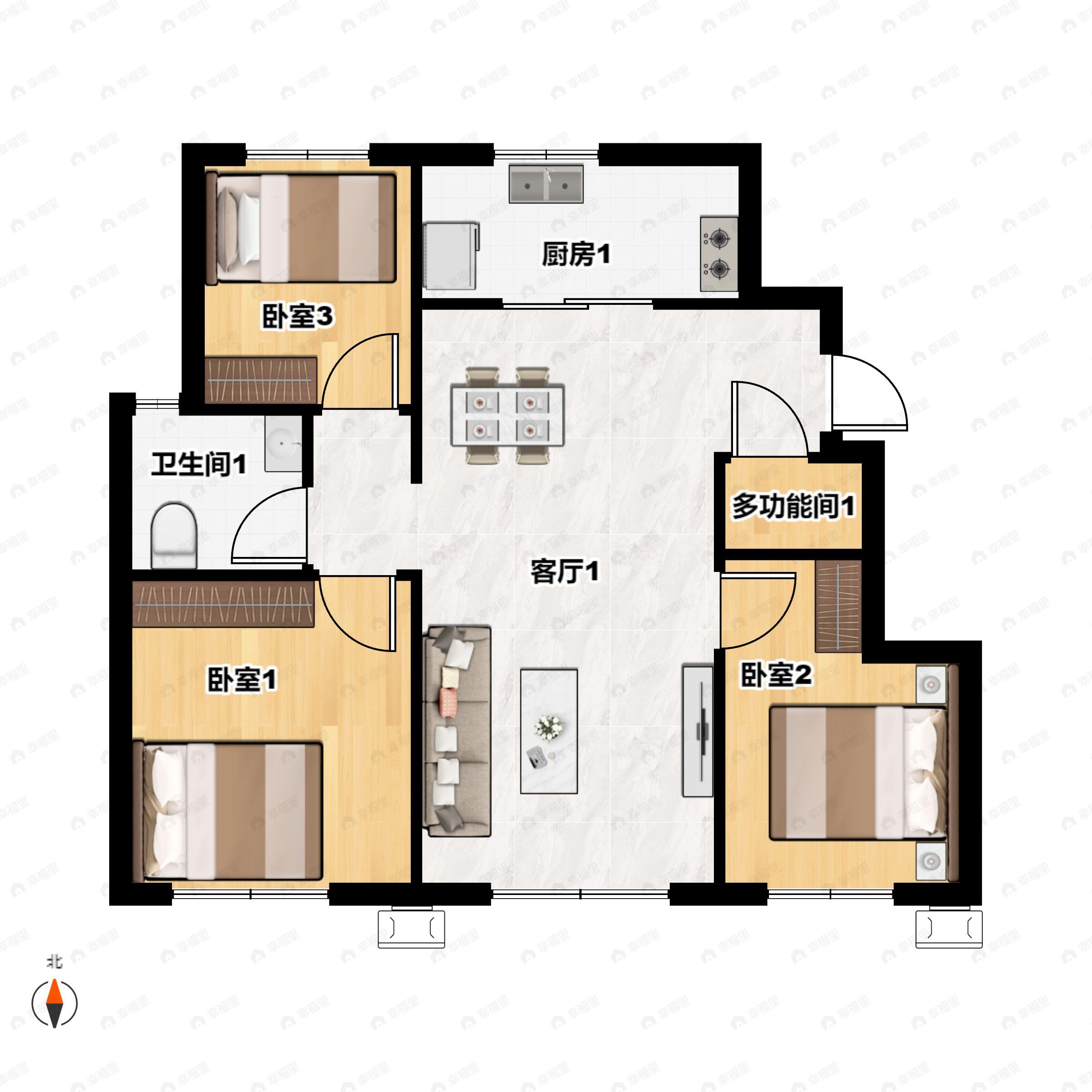 3室1厅1卫建面86平南户型图