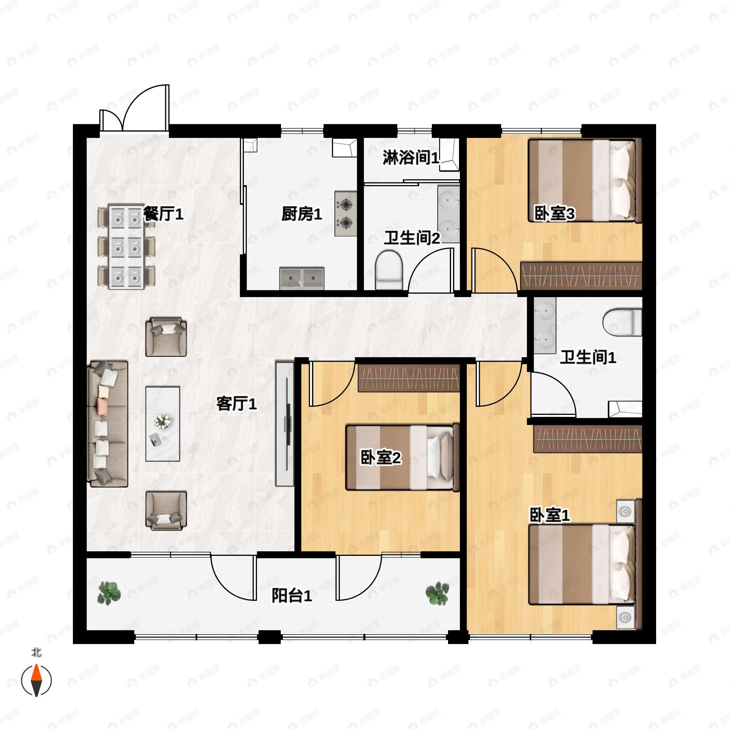 3室2厅2卫建面128平南户型图
