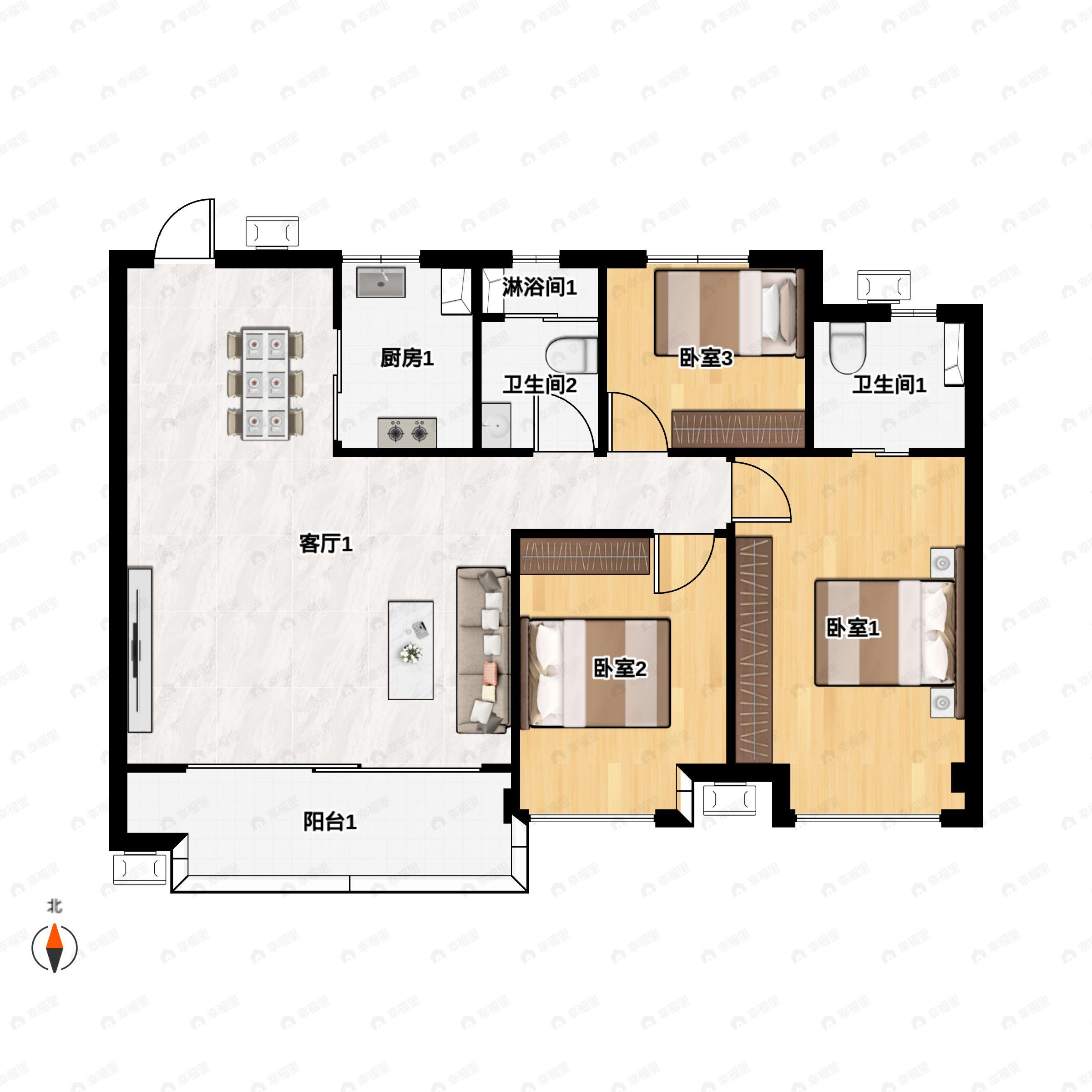 3室2厅2卫建面118平户型图
