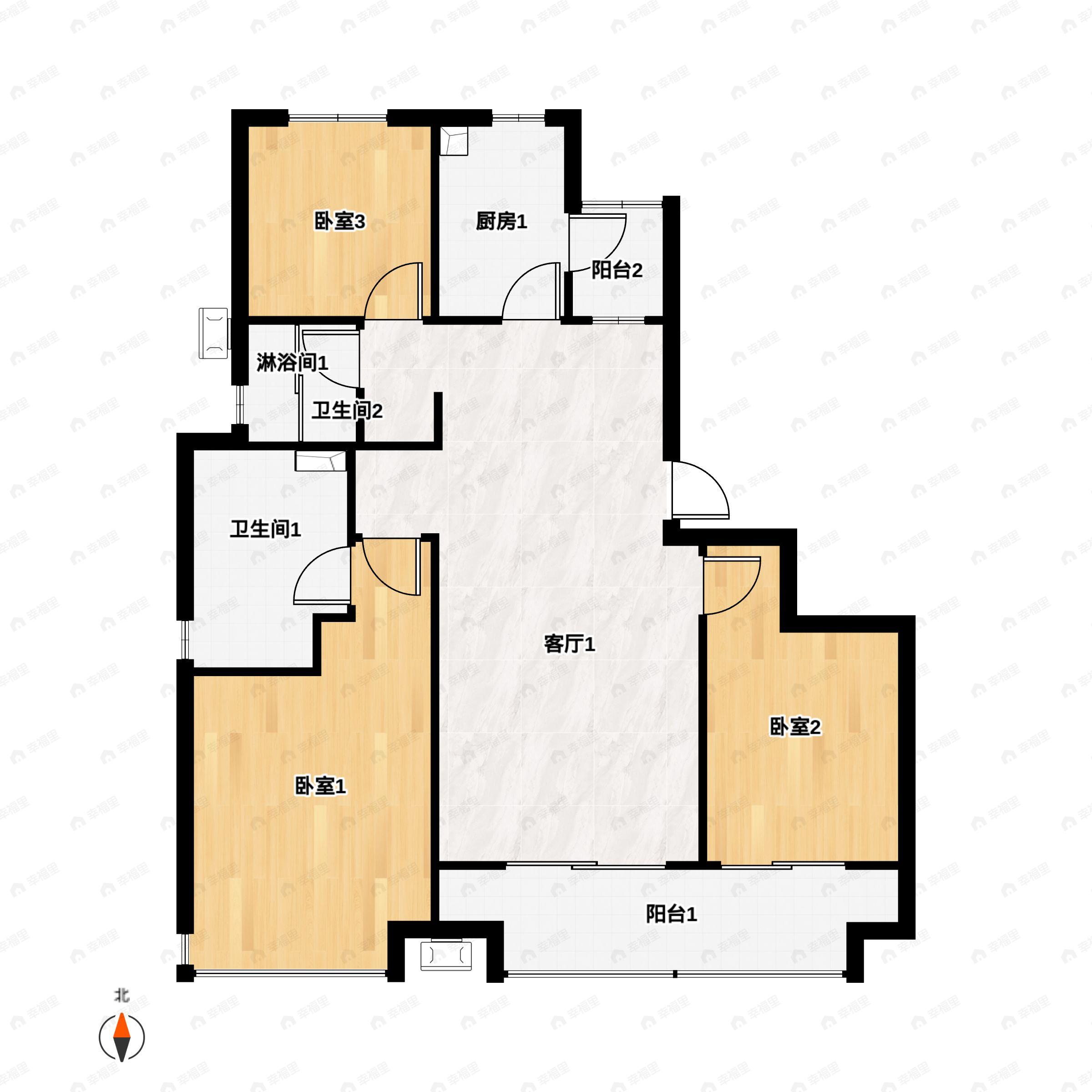 3室2厅2卫建面121m²南户型图