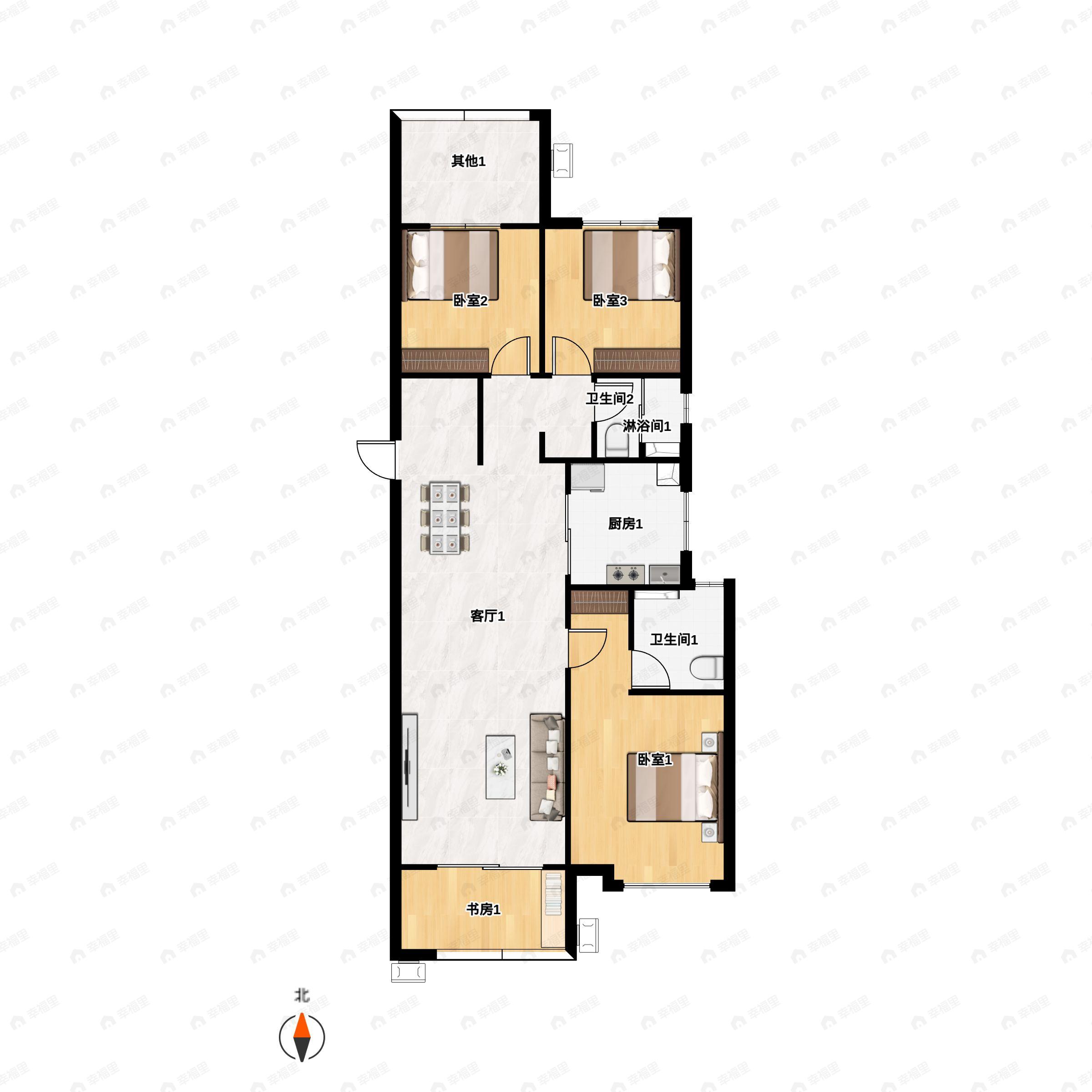 3室2厅2卫建面115m²南|北户型图
