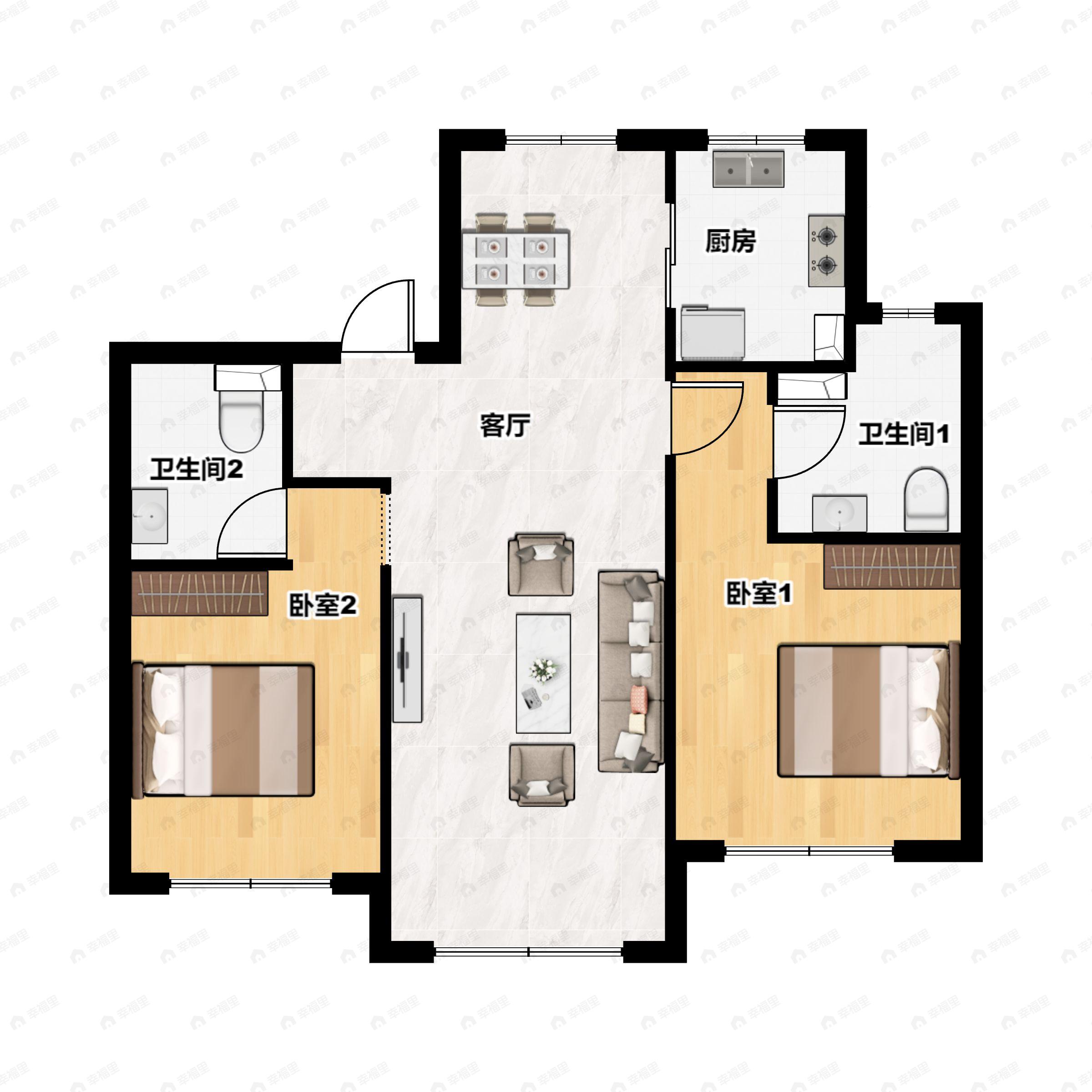 2室2厅2卫建面95平户型图