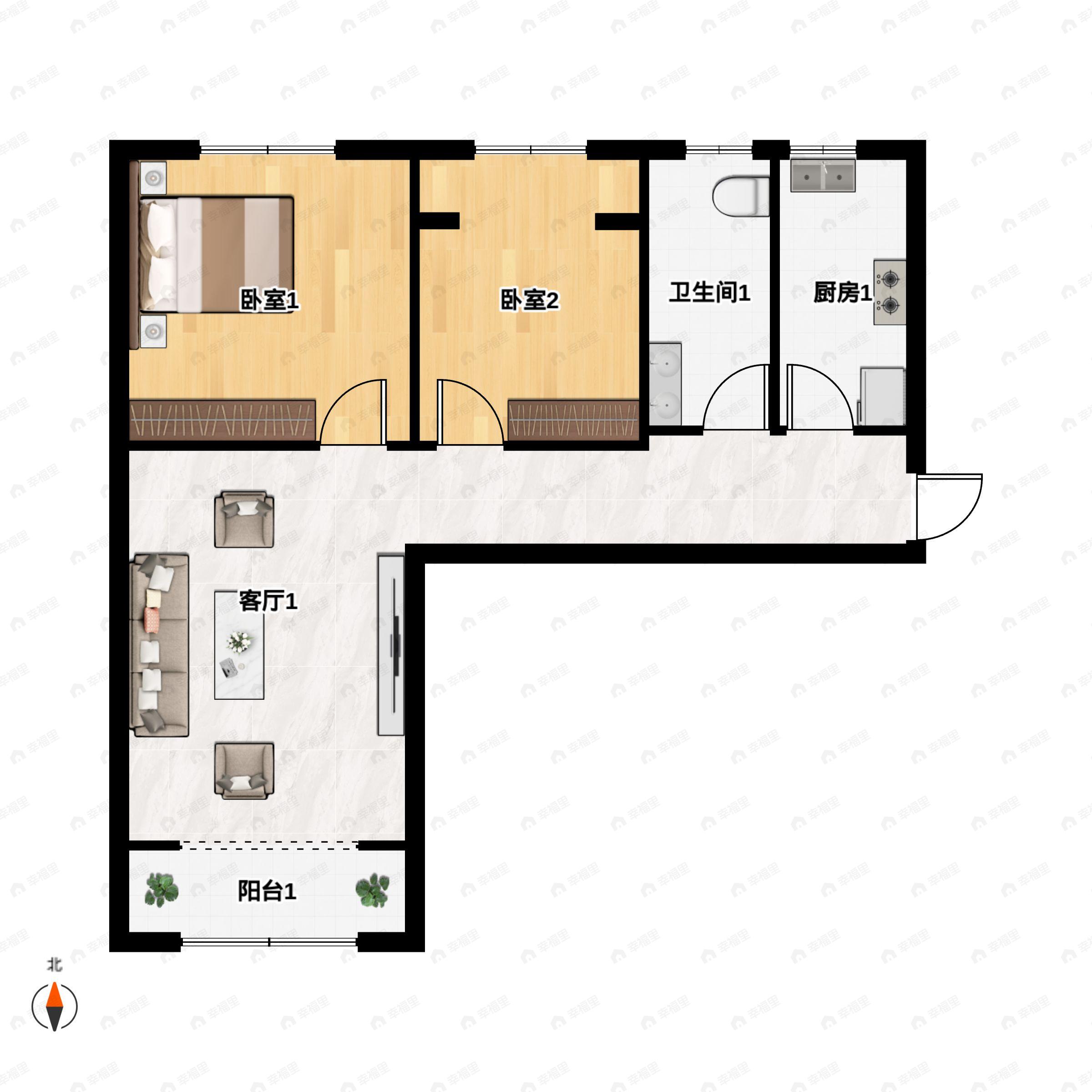 2室2厅1卫建面100平北户型图
