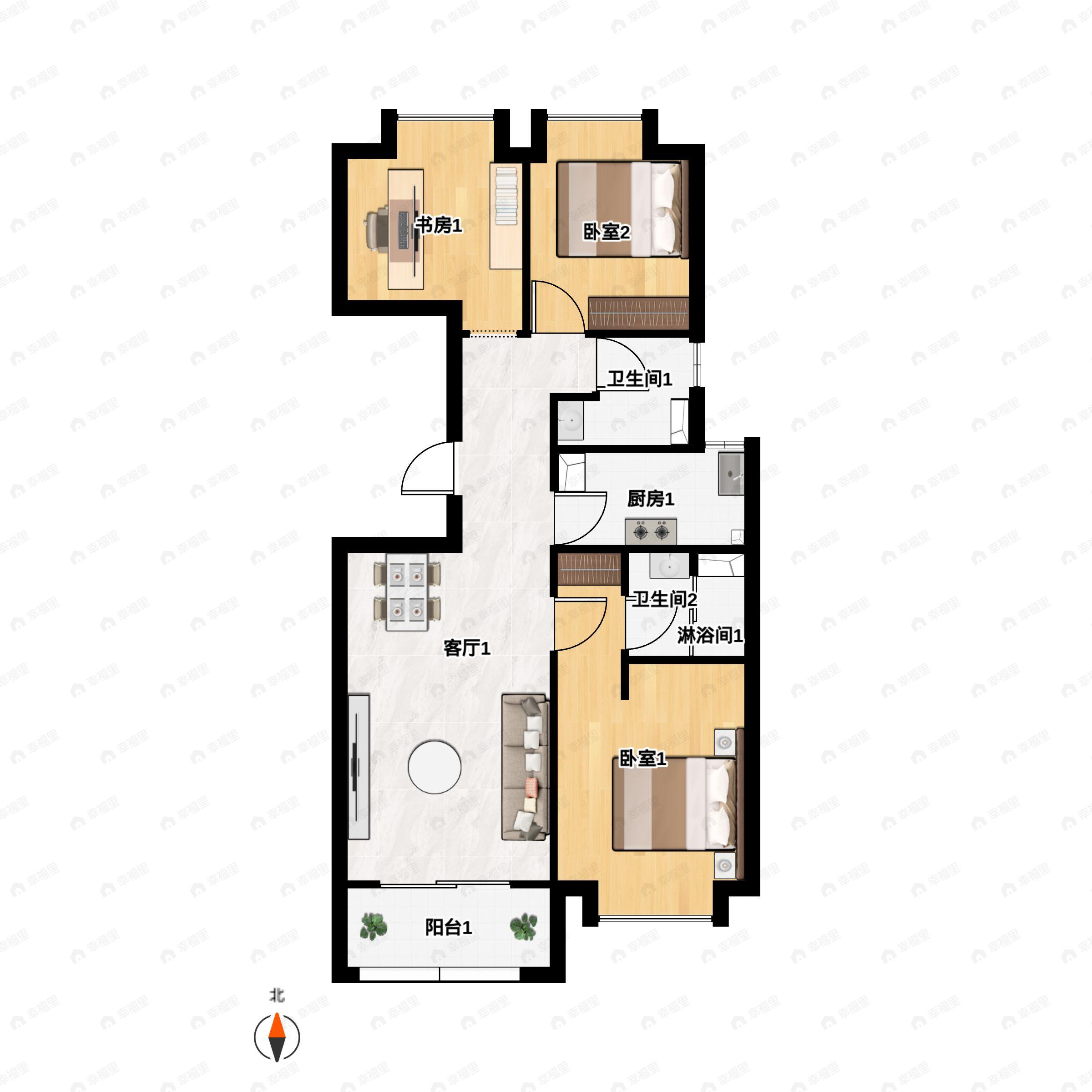 2室2厅2卫建面113m²南户型图