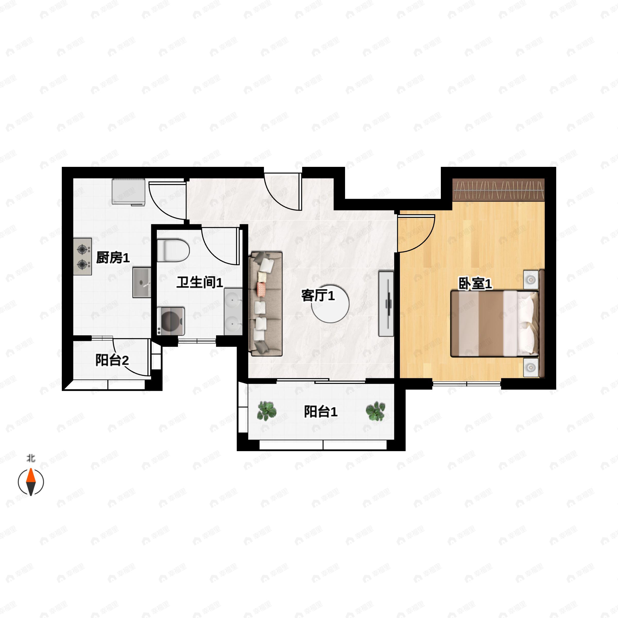 1室1厅1卫建面69m²南户型图