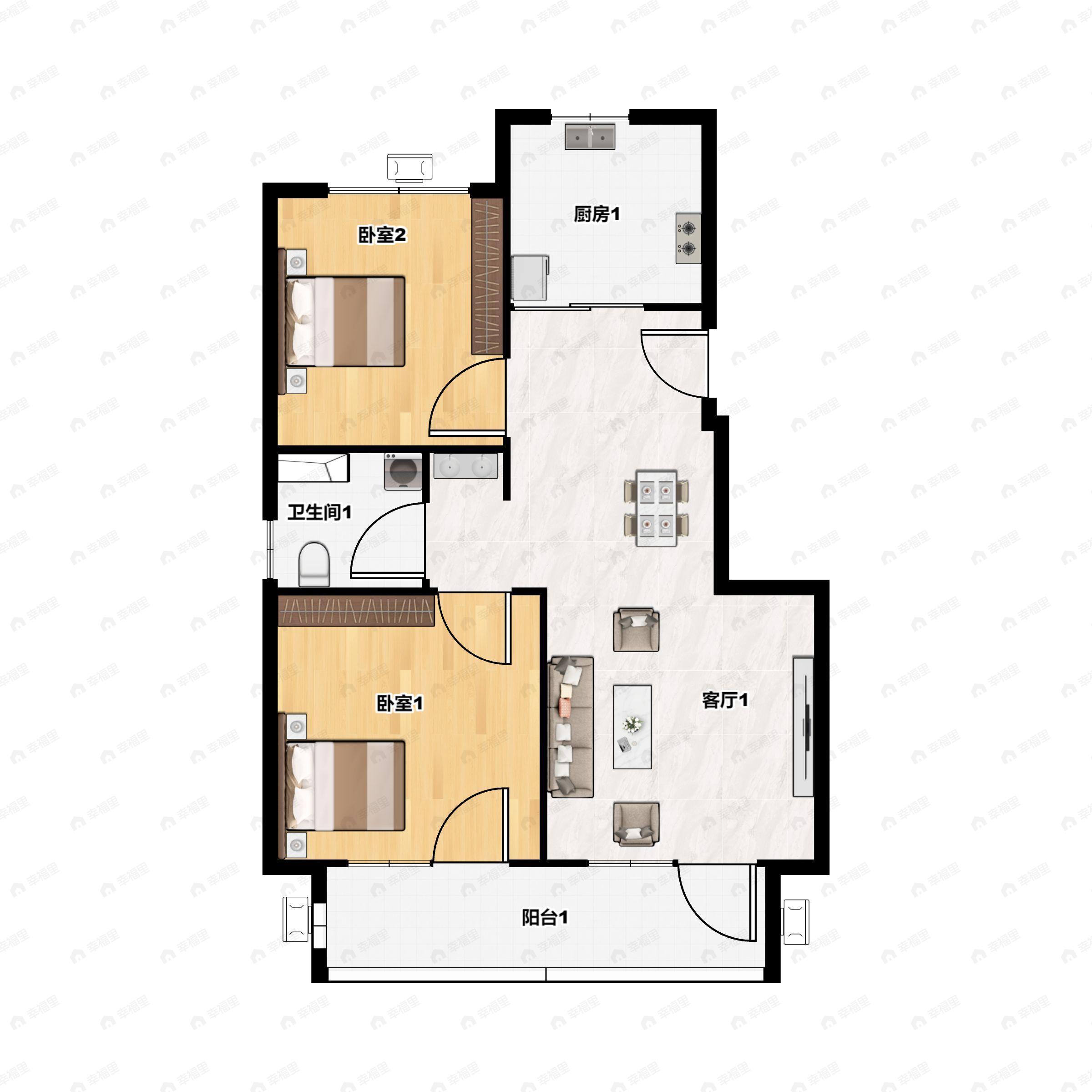 2室2厅1卫建面70m²南|北户型图