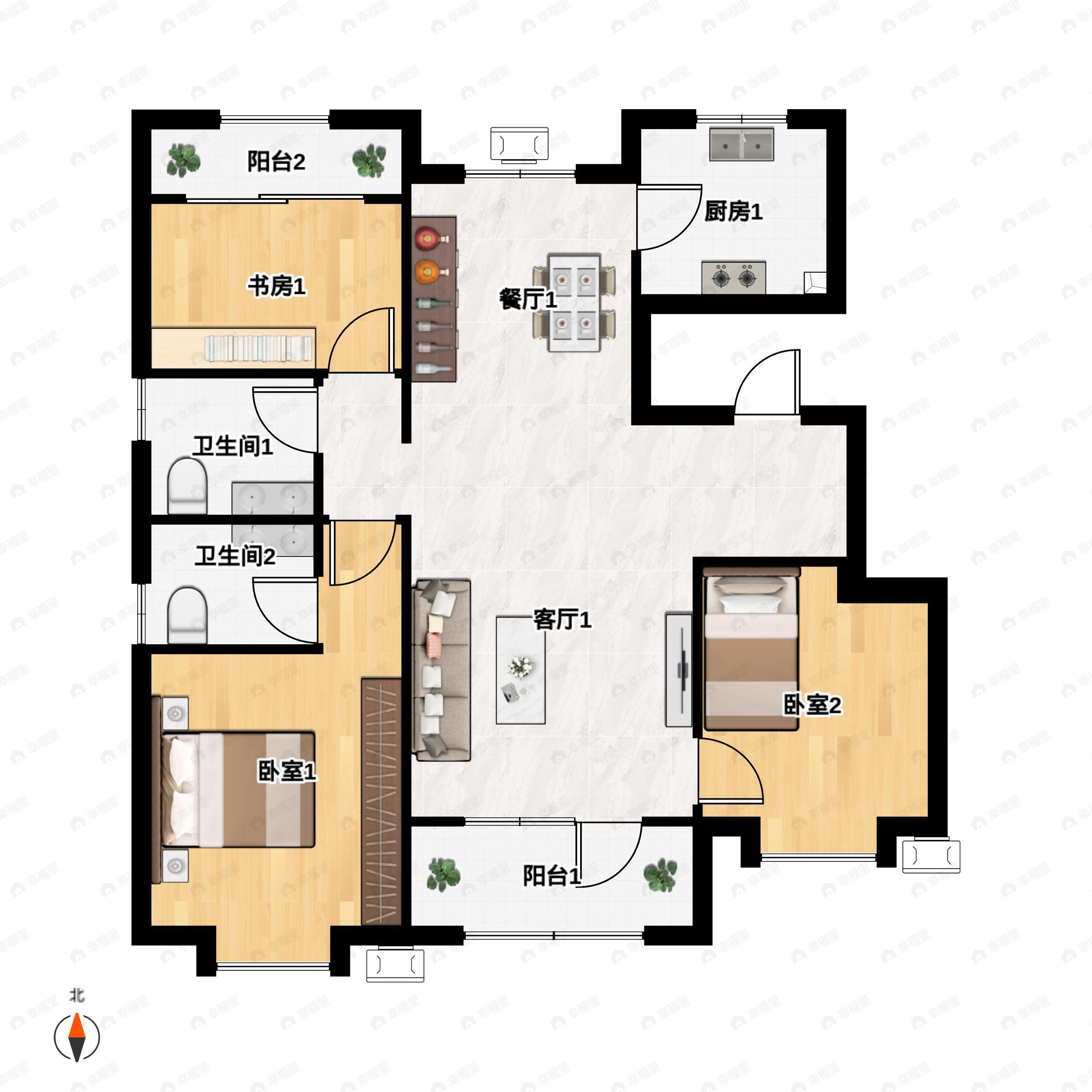 3室2厅2卫建面118平南户型图