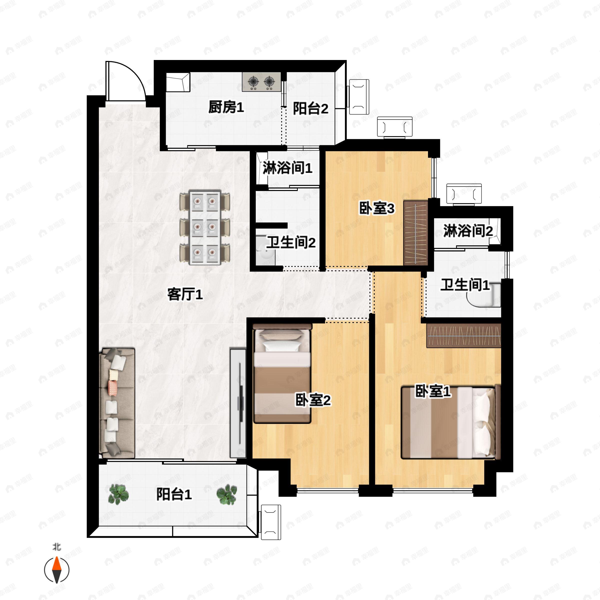 3室2厅2卫建面89平东北户型图