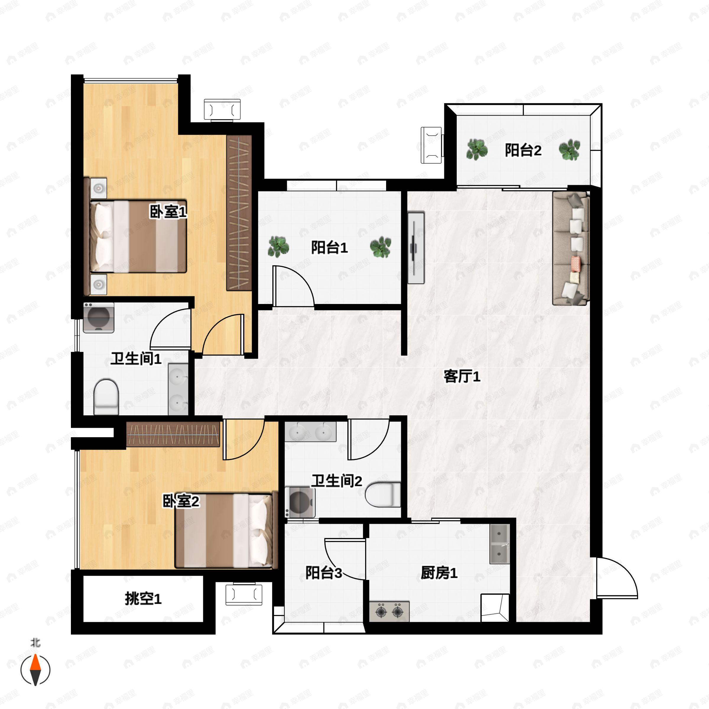 泽科空港中心2室2厅2卫户型图