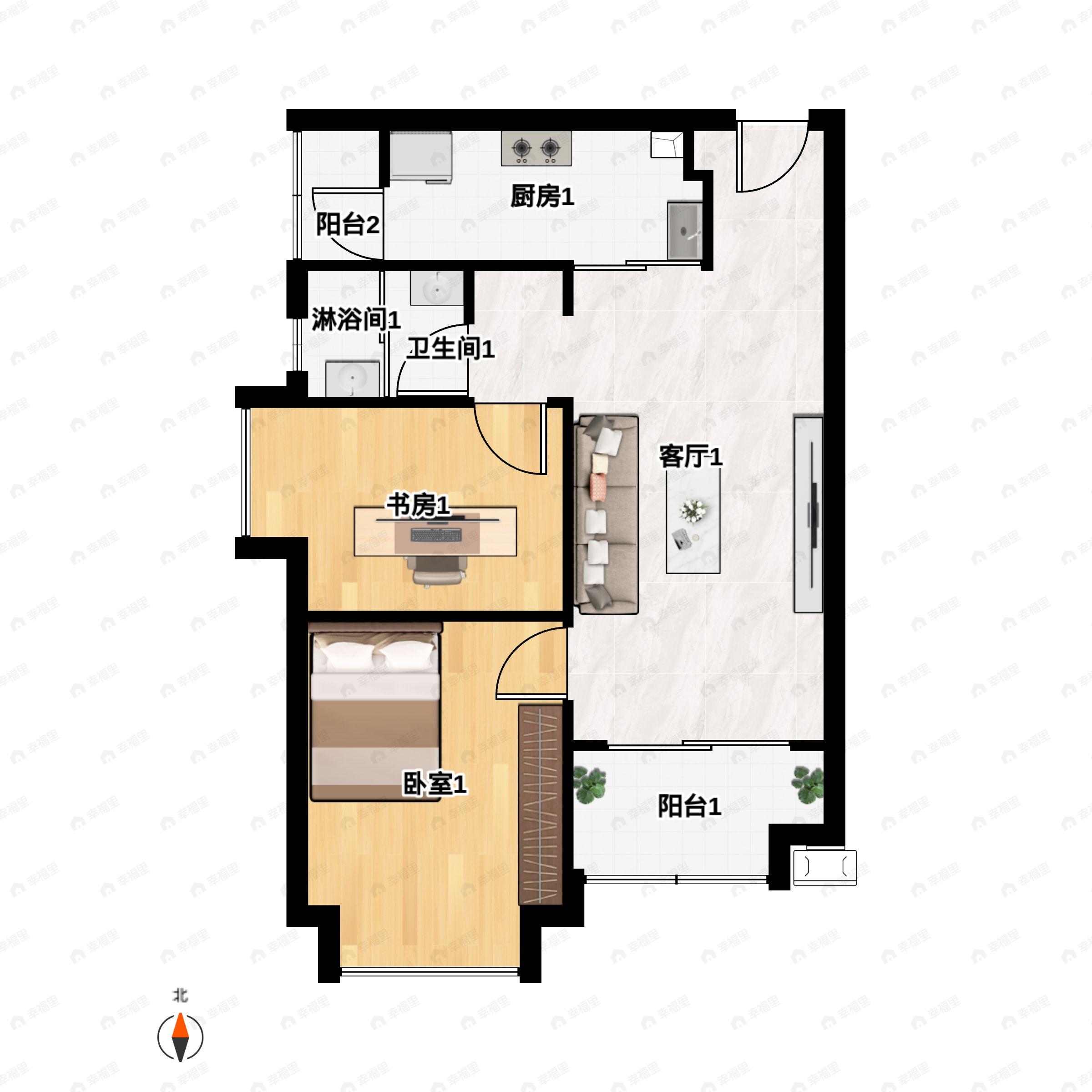2室2厅1卫建面62m²西南户型图