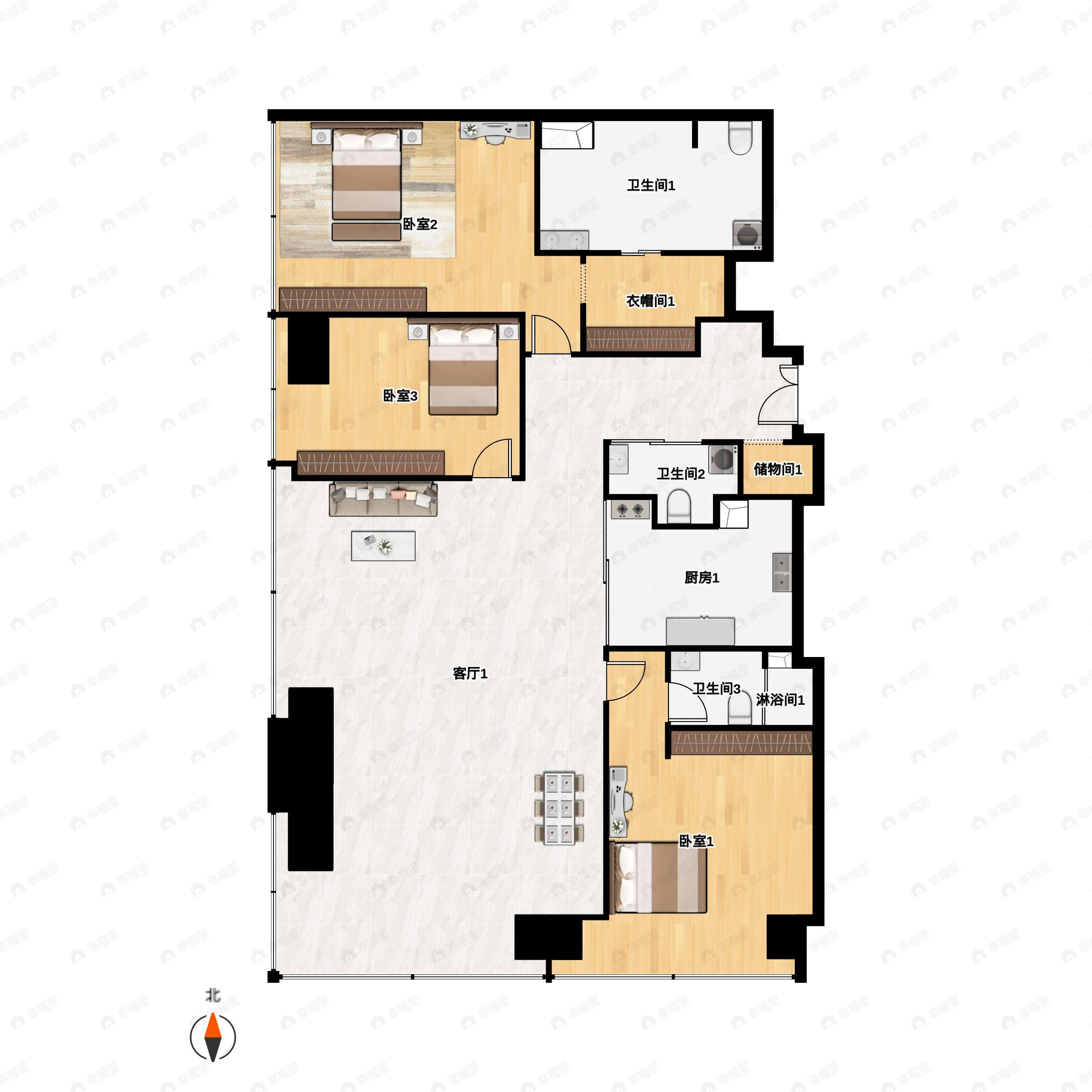 3室2厅3卫建面274平西南户型图