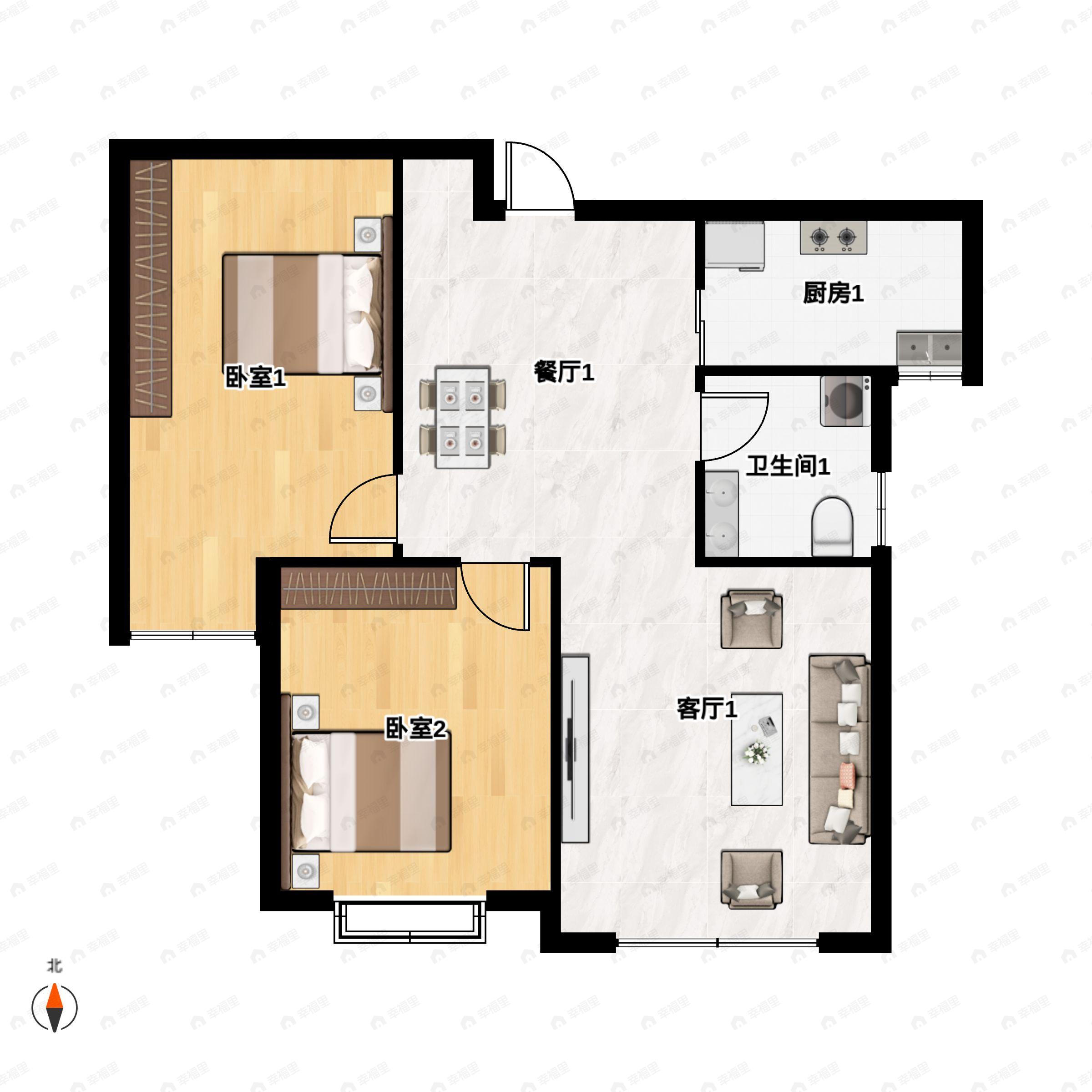 2室2厅1卫建面94m²南户型图