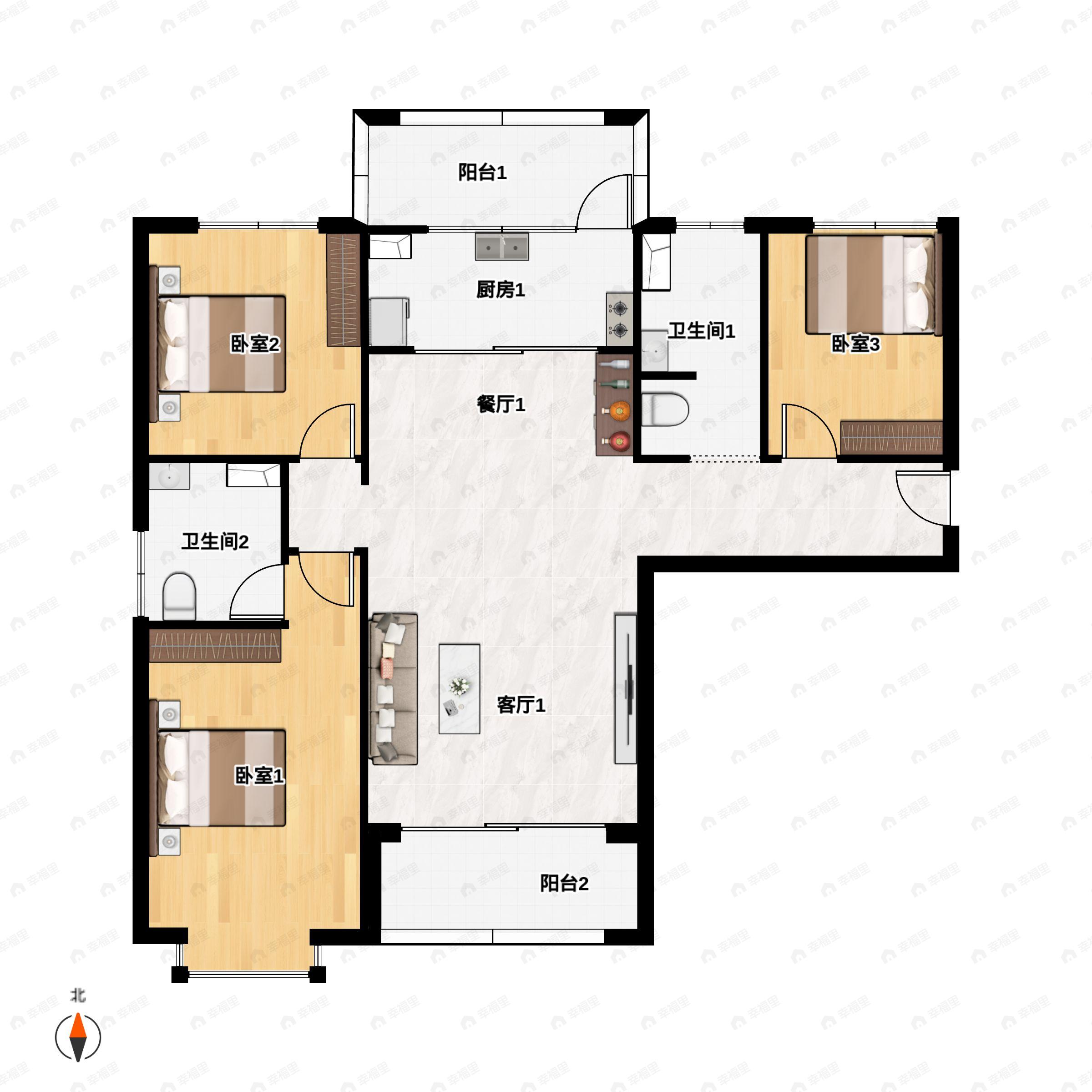 3室2厅2卫建面122平南|北户型图