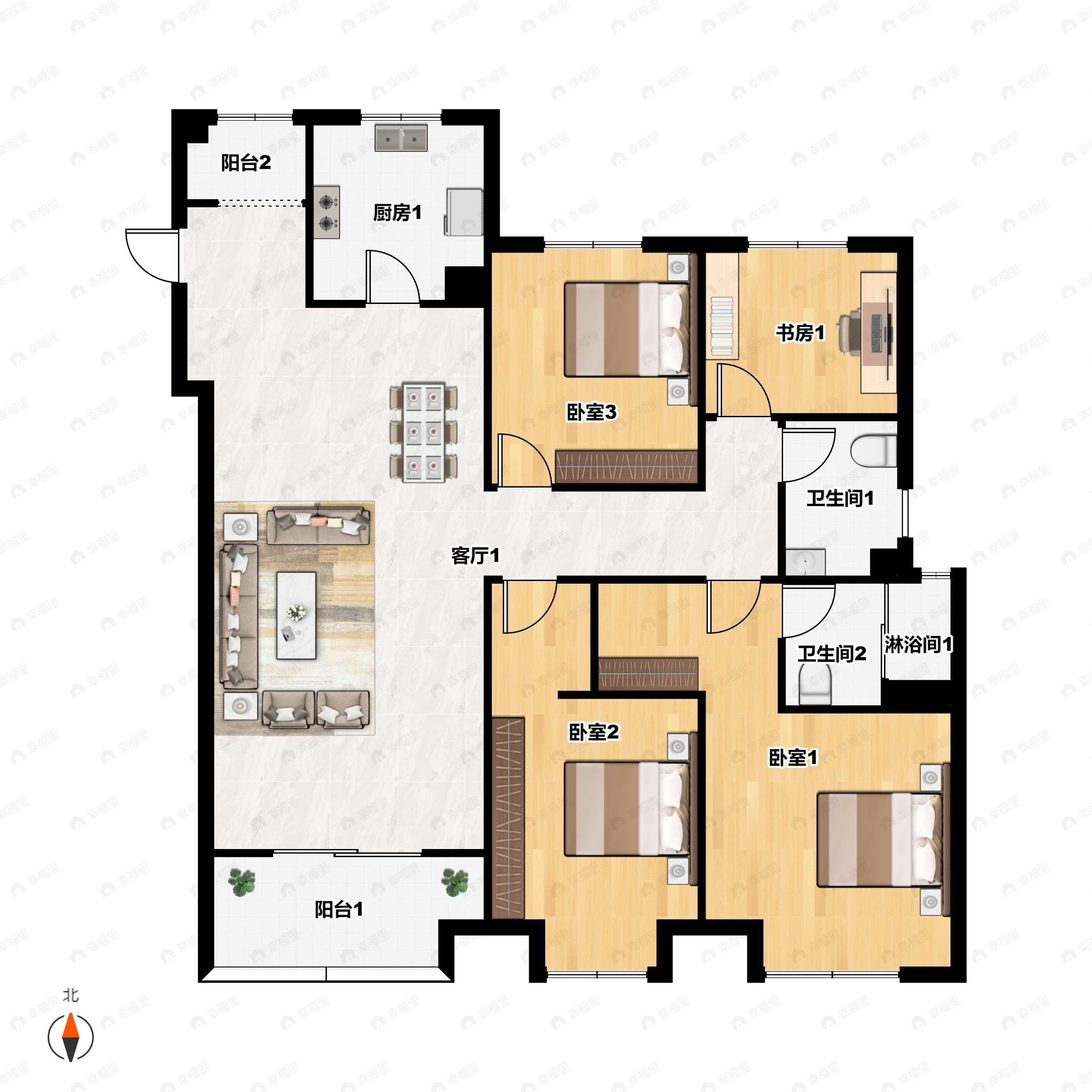 4室2厅2卫建面153平南户型图
