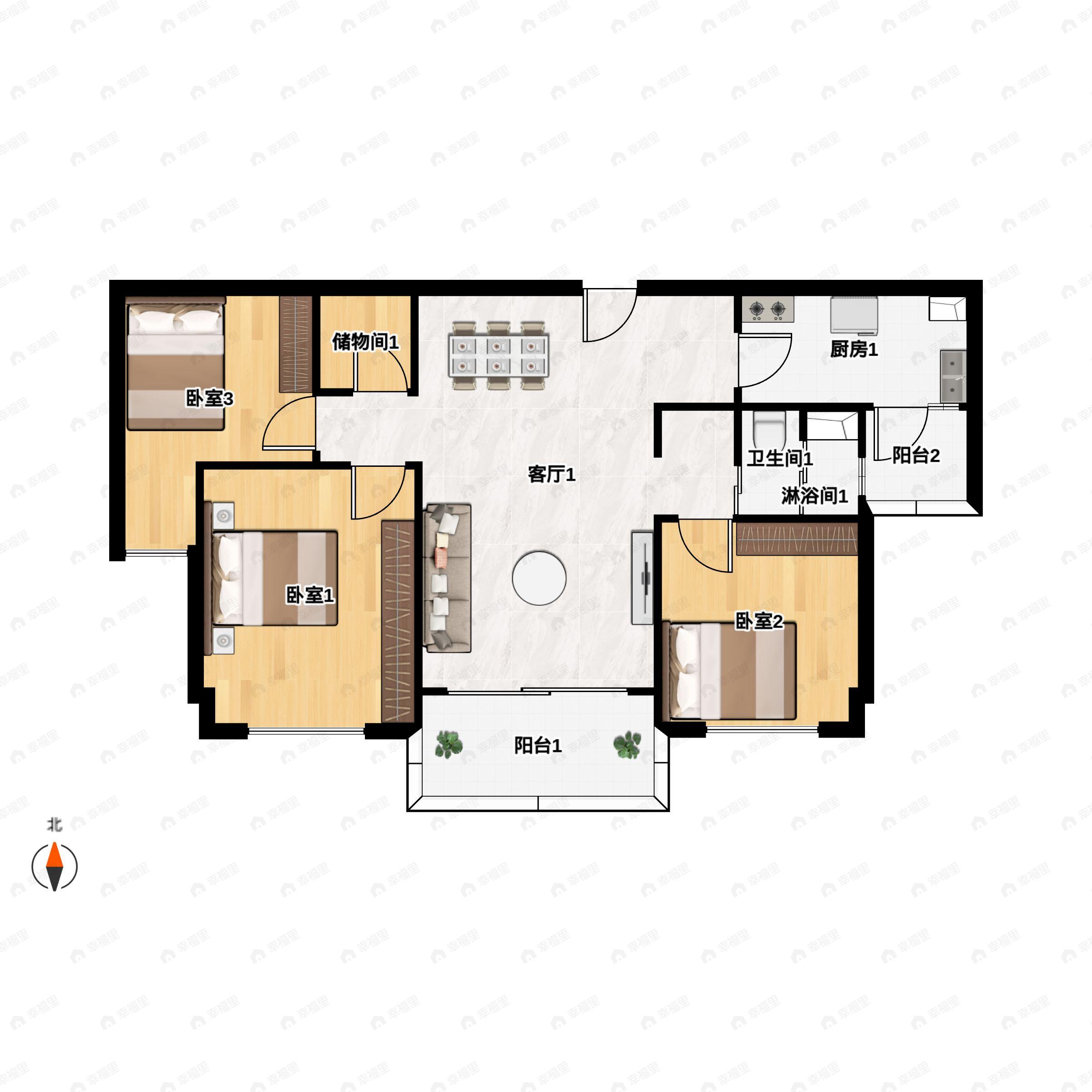 3室2厅1卫建面105m²南户型图