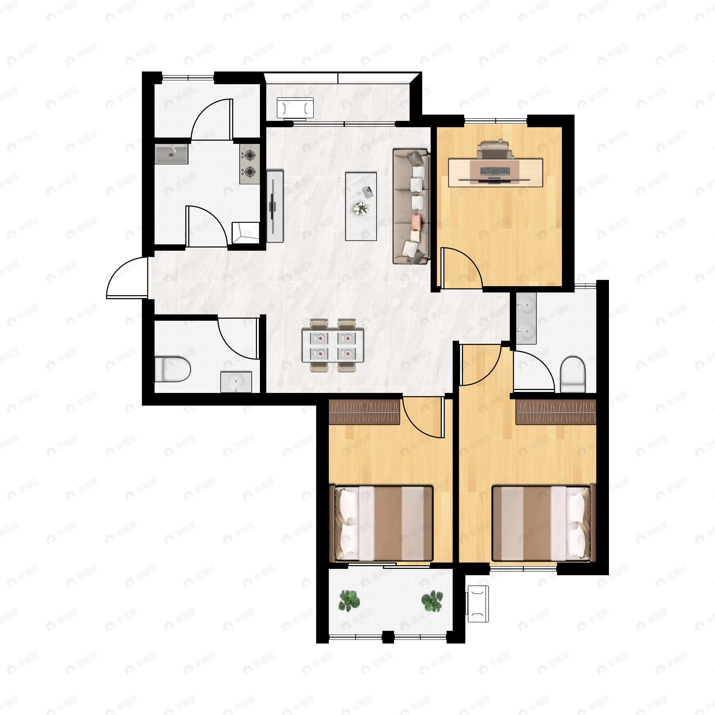 3室2厅2卫建面104m²南|北户型图
