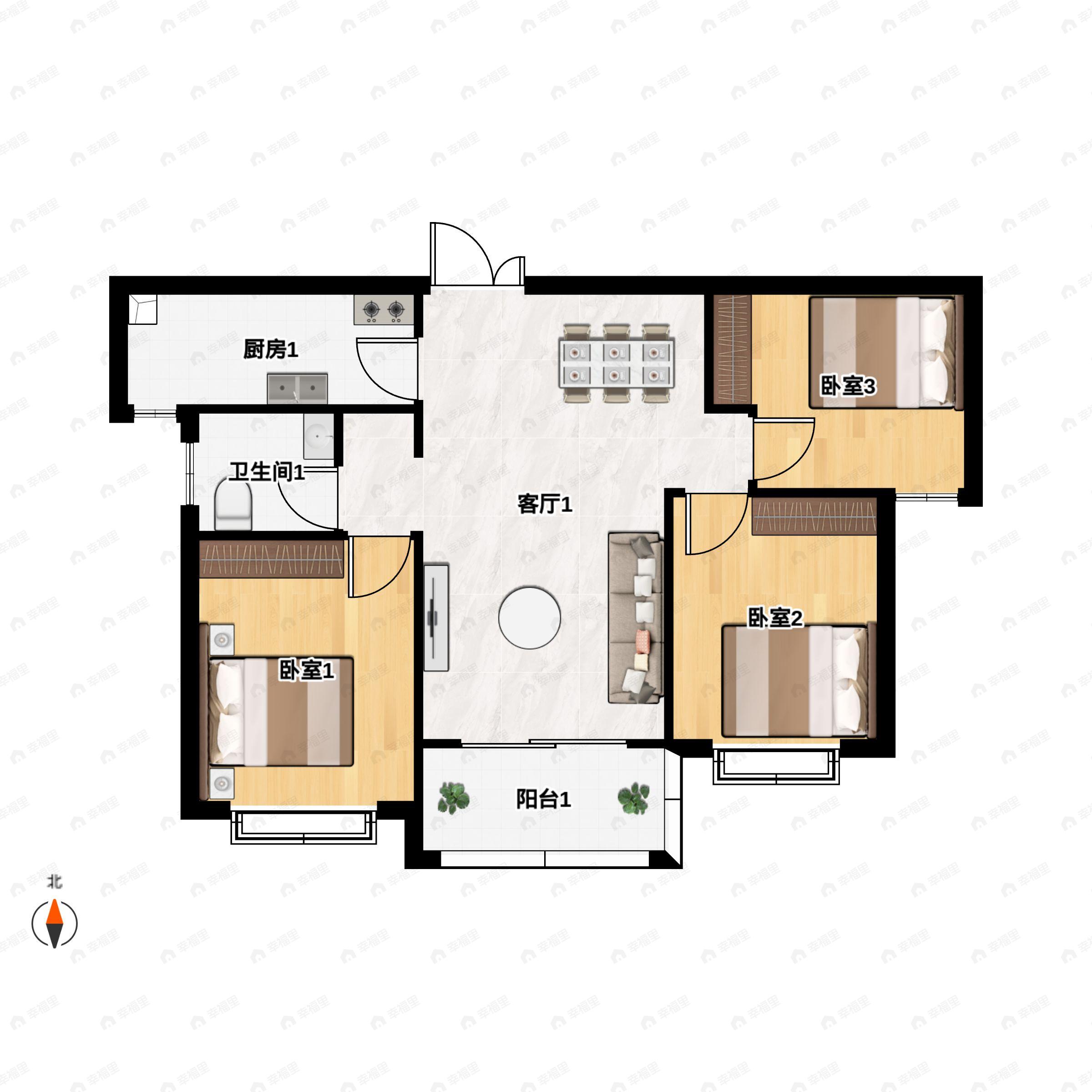 3室2厅1卫建面101平南户型图